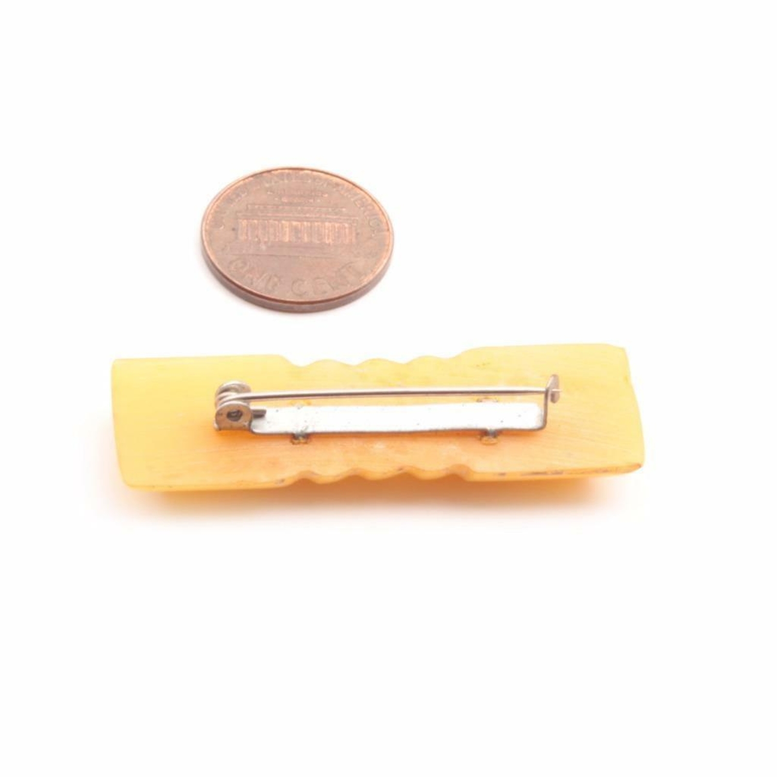 Vintage Art Deco galalith yellow plastic hand carved geometric ribbed pin brooch