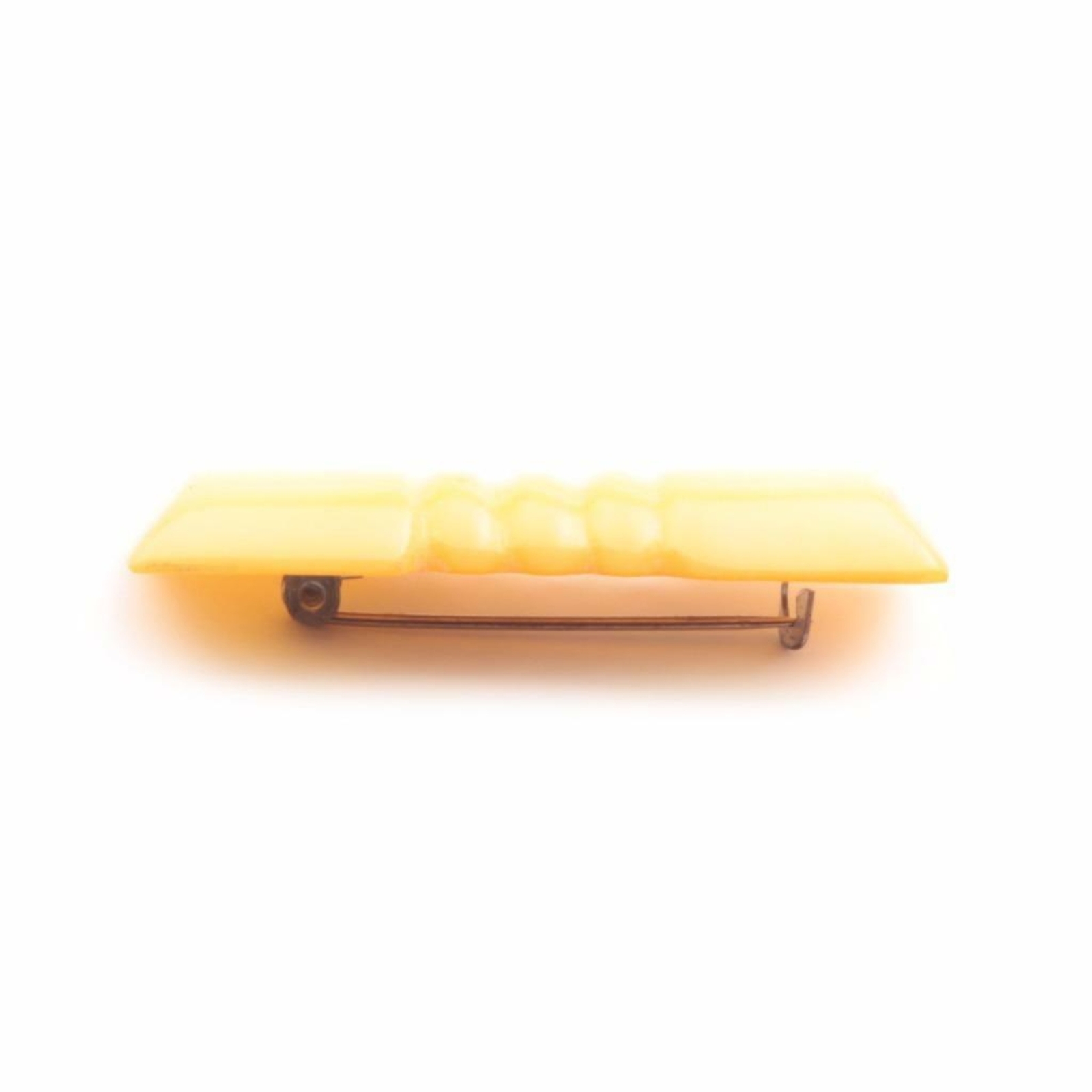 Vintage Art Deco galalith yellow plastic hand carved geometric ribbed pin brooch
