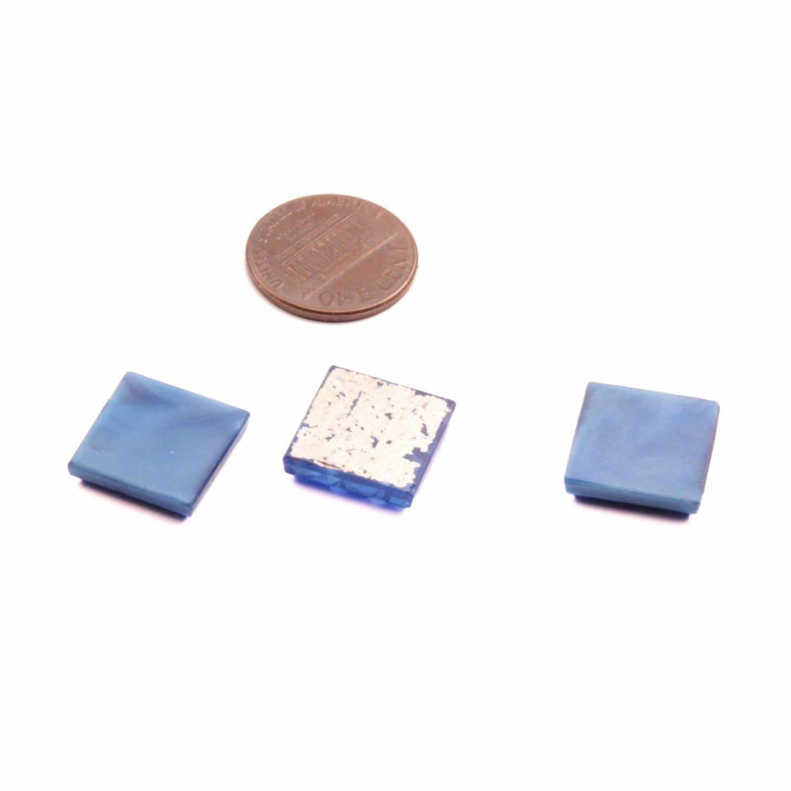 Lot (3) 15mm Czech vintage blue satin transparent square geometric glass cabochons