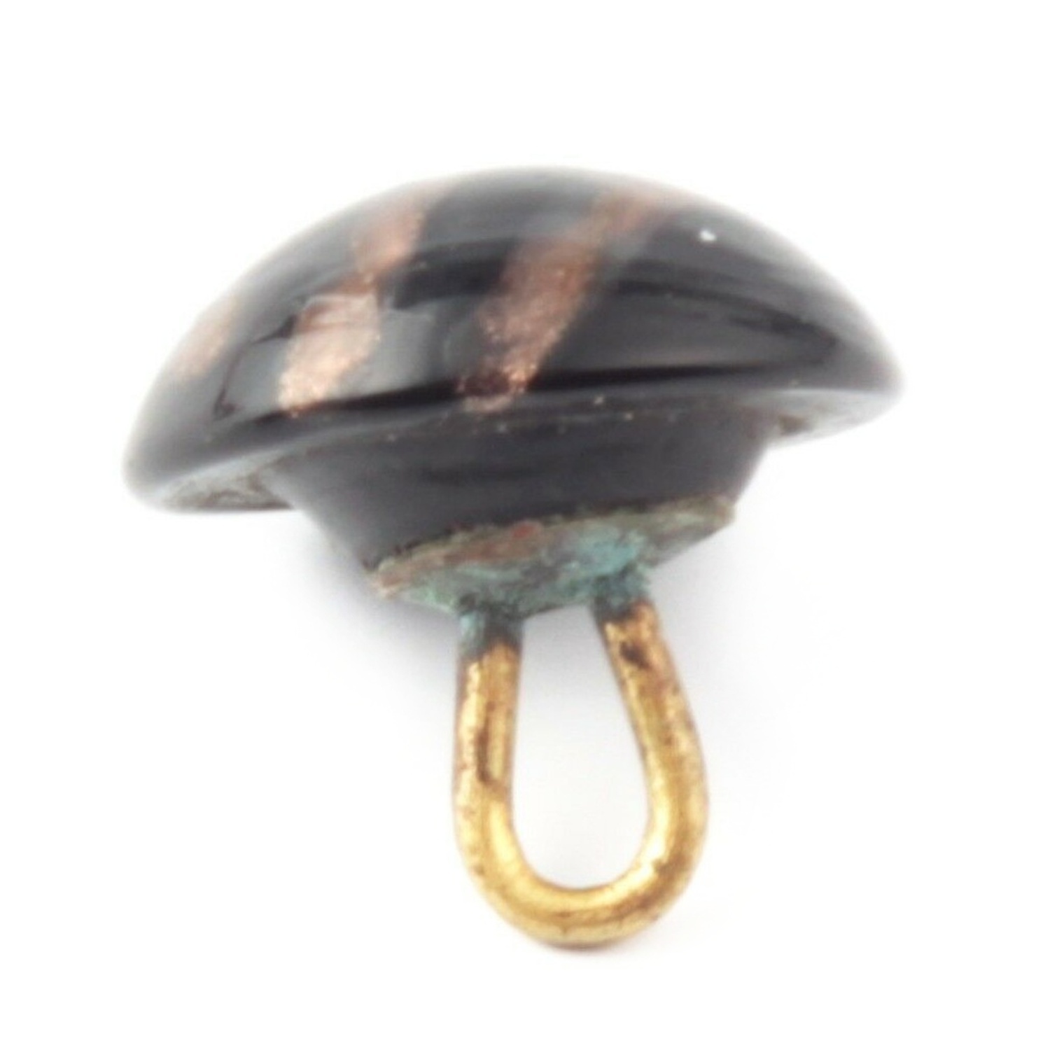 Antique Czech aventurine goldstone striped black glass button 13mm