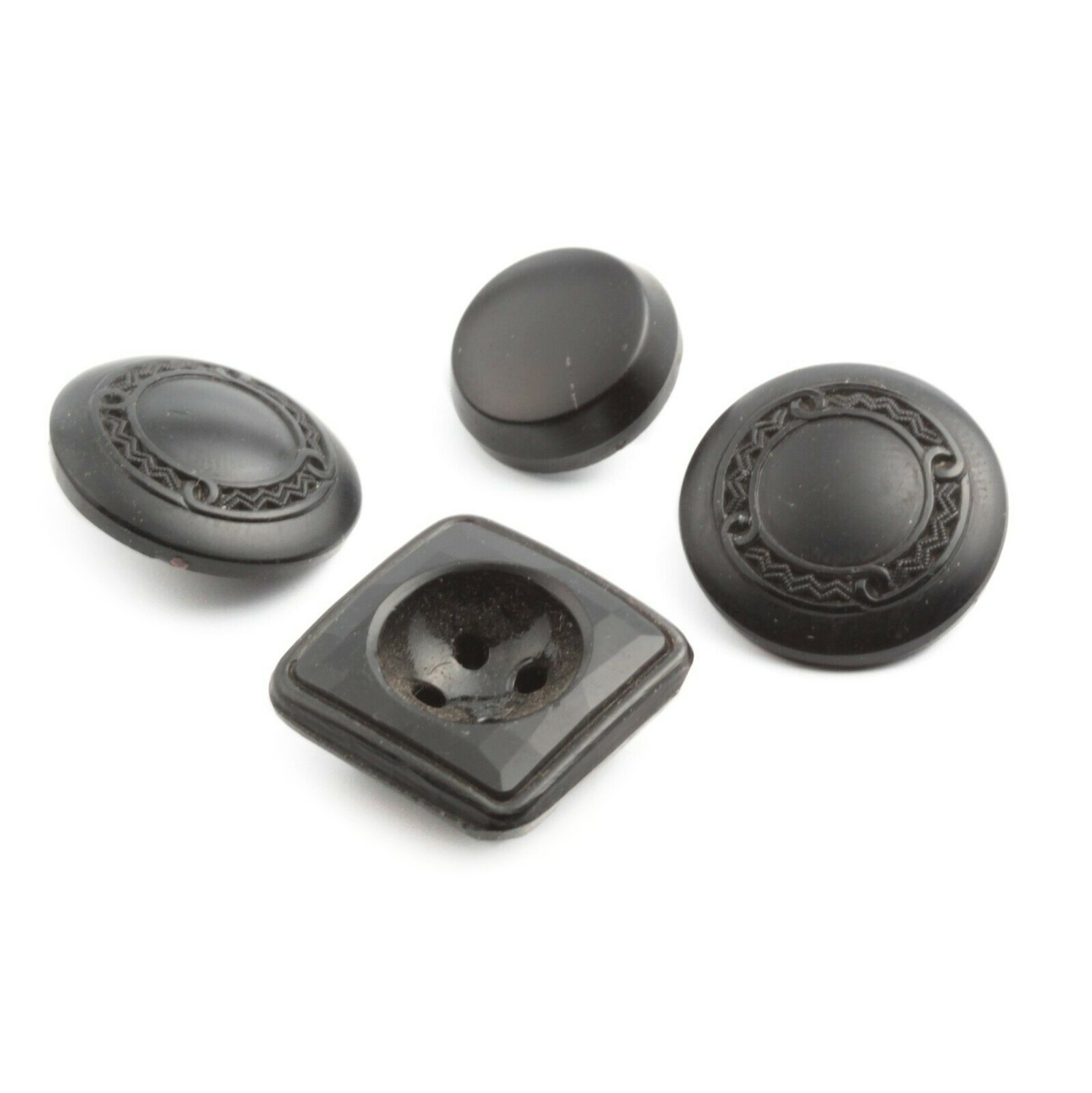Lot (4) Antique Czech black round and square glass buttons