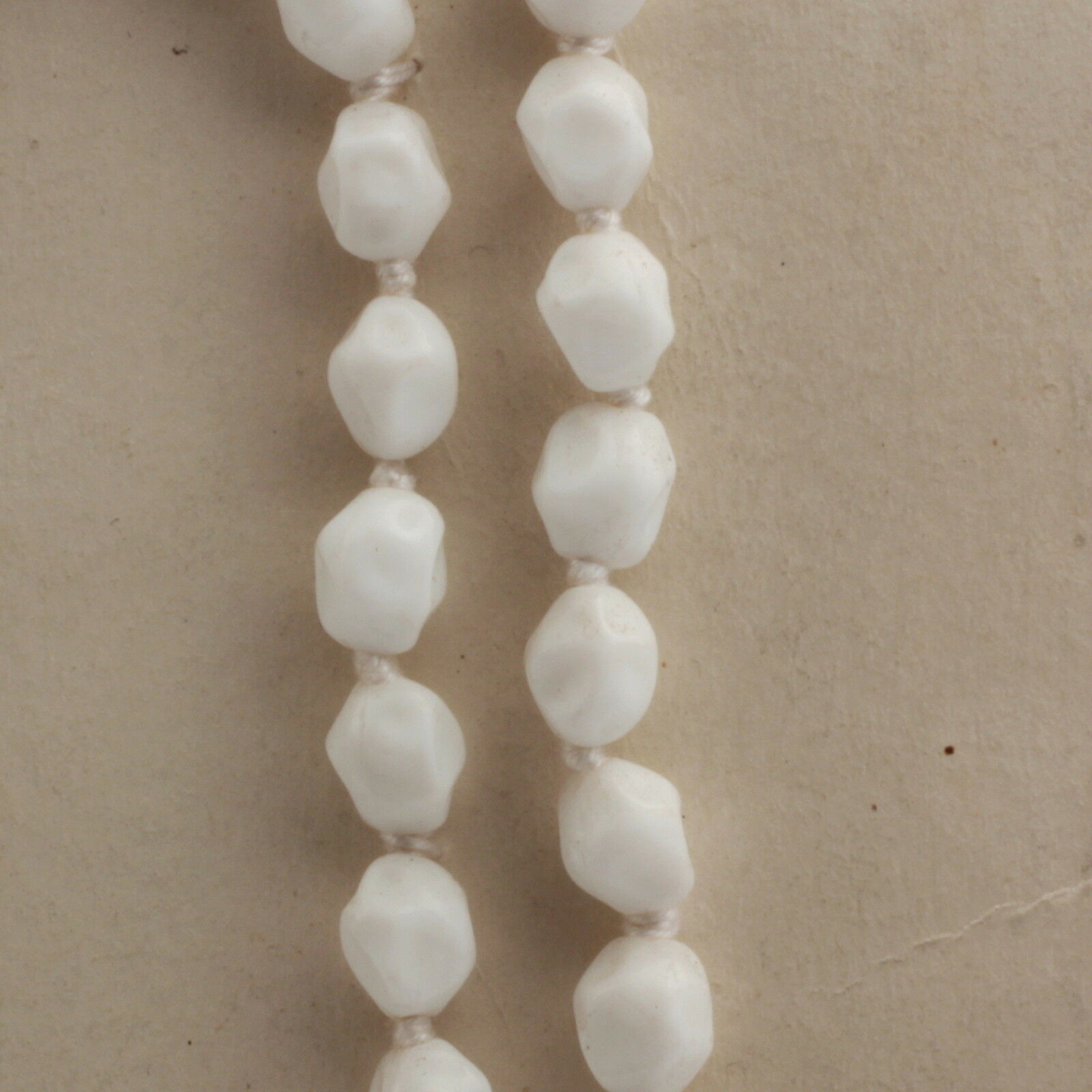 Vintage 40" glass beaded knotted necklace Czech white nugget glass beads