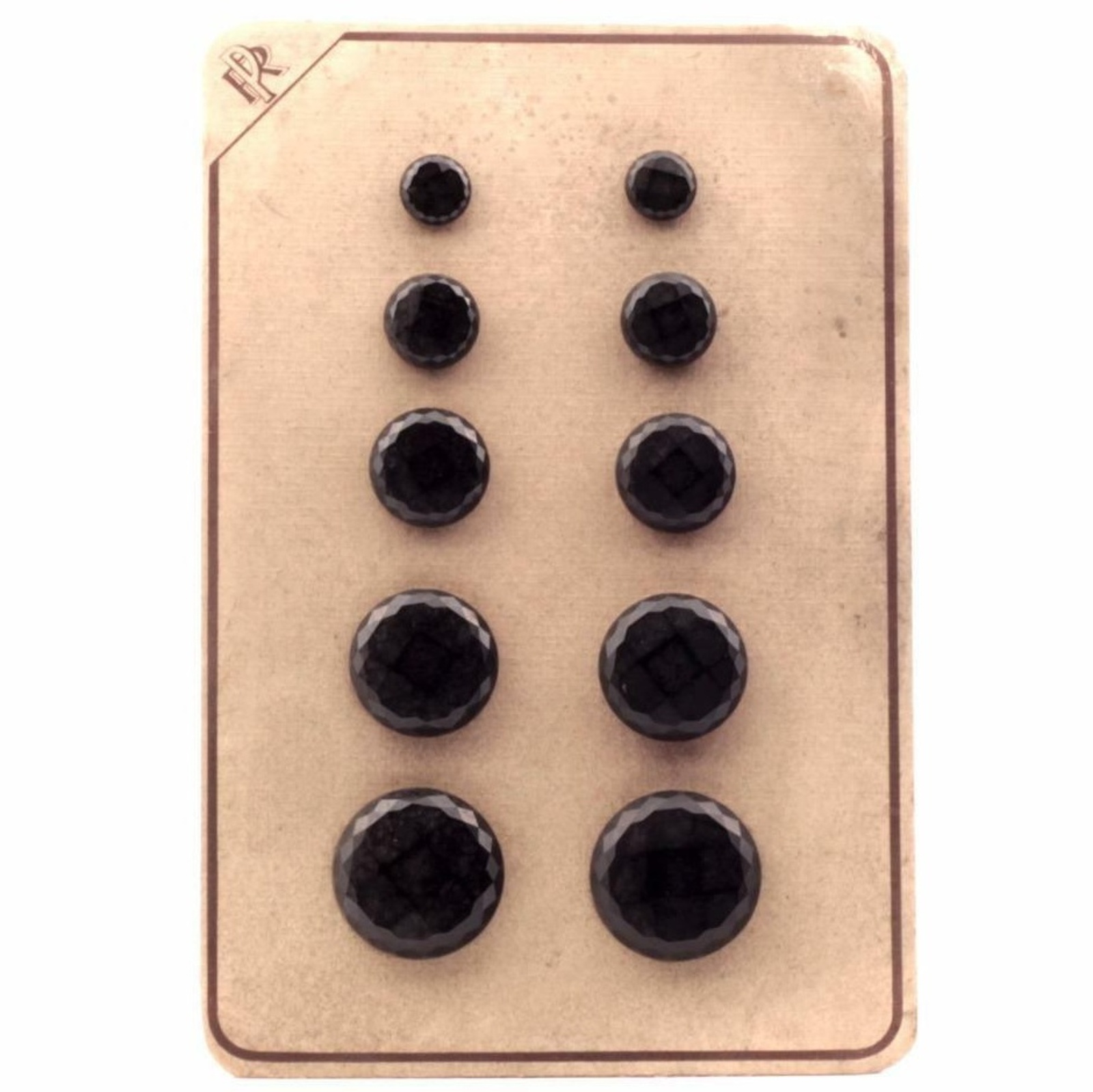 Sample card (10) Czech 1920's vintage Art Deco dome faceted black glass buttons