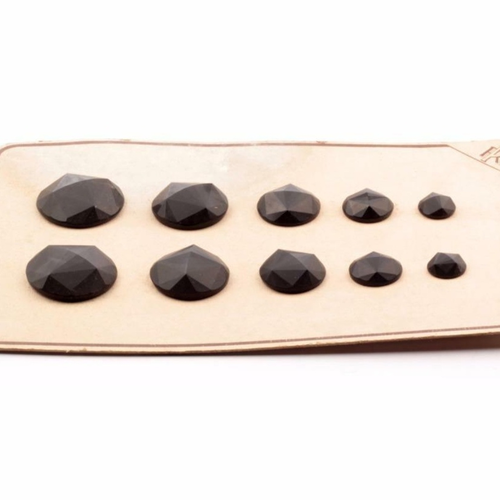Sample card (10) Czech 1920's vintage Art Deco domed faceted black glass buttons