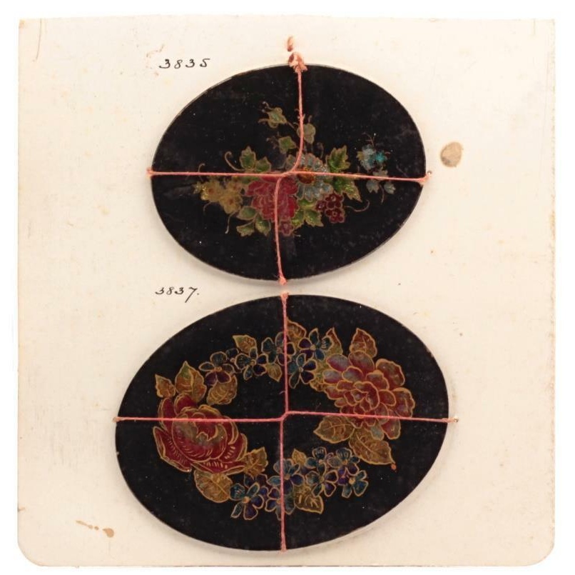 Lot (2) Rare Antique Victorian Czech reverse tinsel painted glass floral miniatures