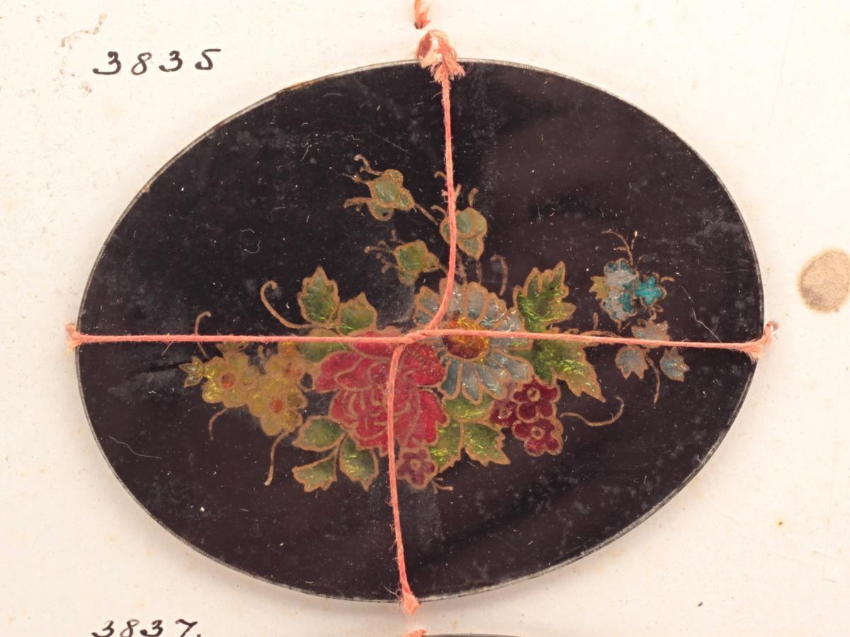 Lot (2) Rare Antique Victorian Czech reverse tinsel painted glass floral miniatures