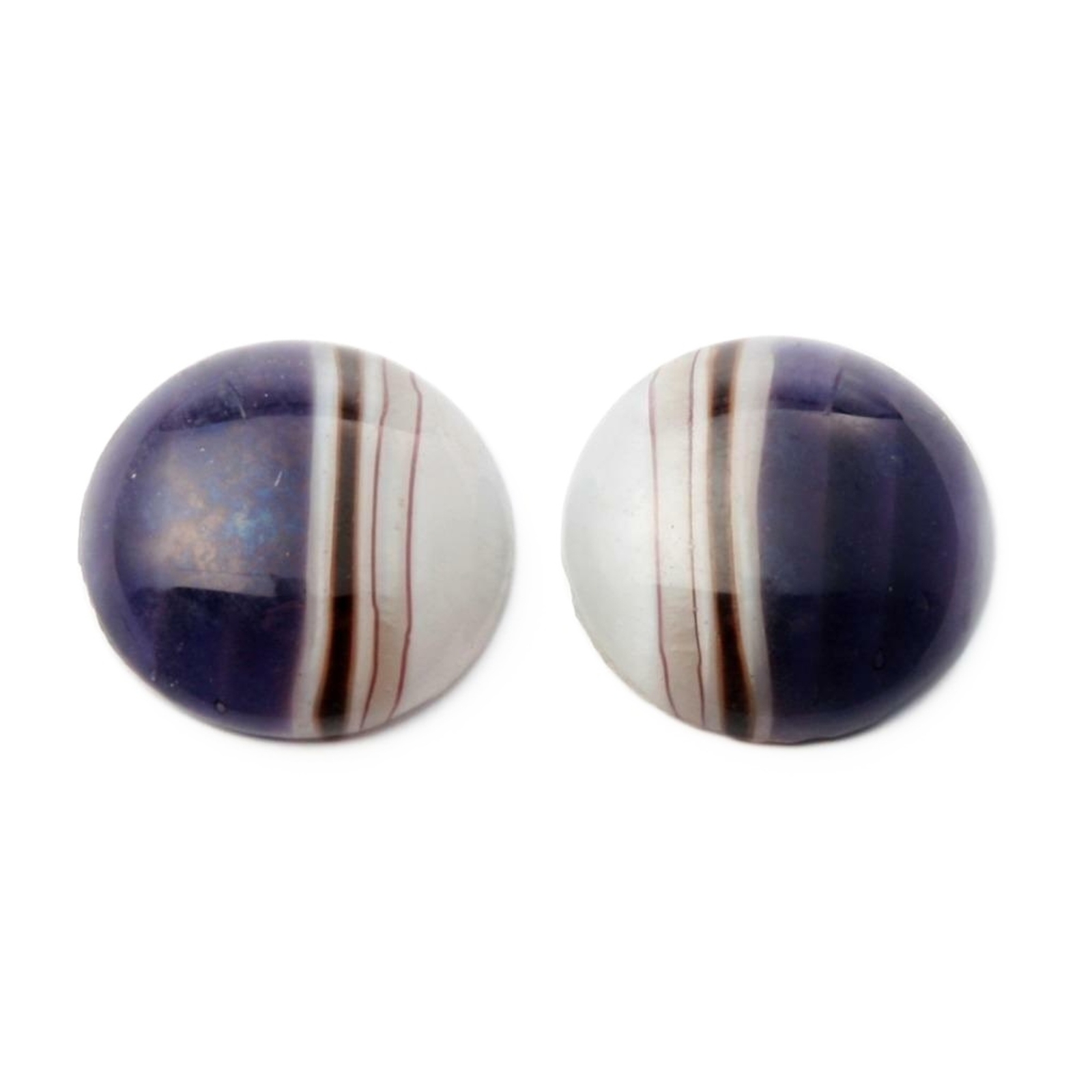 Lot (2) Czech vintage blue black satin striped glass cabochons 22mm