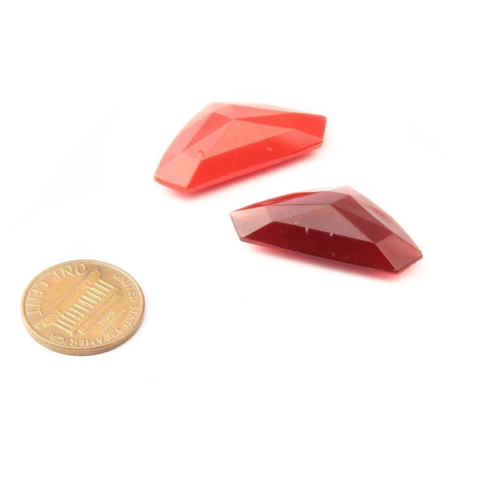 Lot (2) 31mm Czech Deco vintage carnelian orange pentagon glass rhinestones