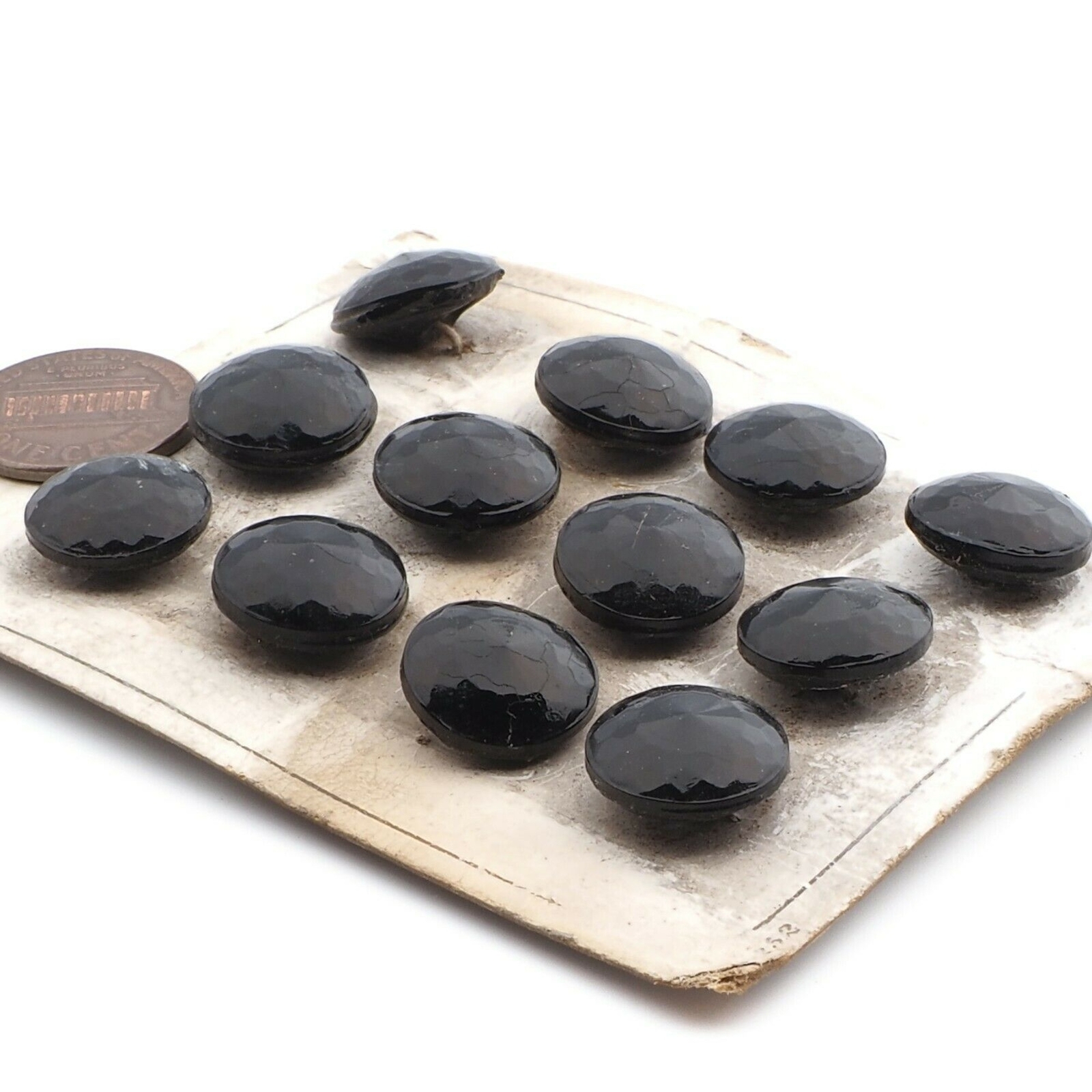 Card (12) antique Victorian Czech jet black round faceted glass buttons 13mm