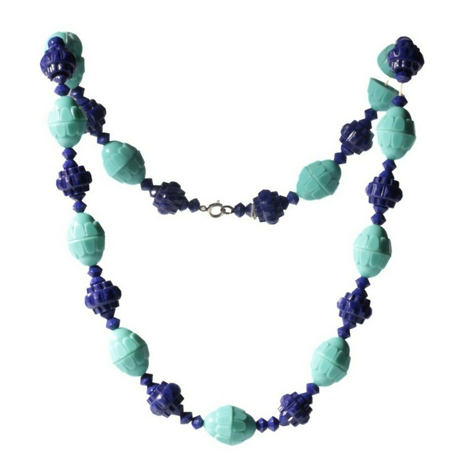 Vintage Deco necklace Czech cobalt blue geometric turquoise flower glass beads