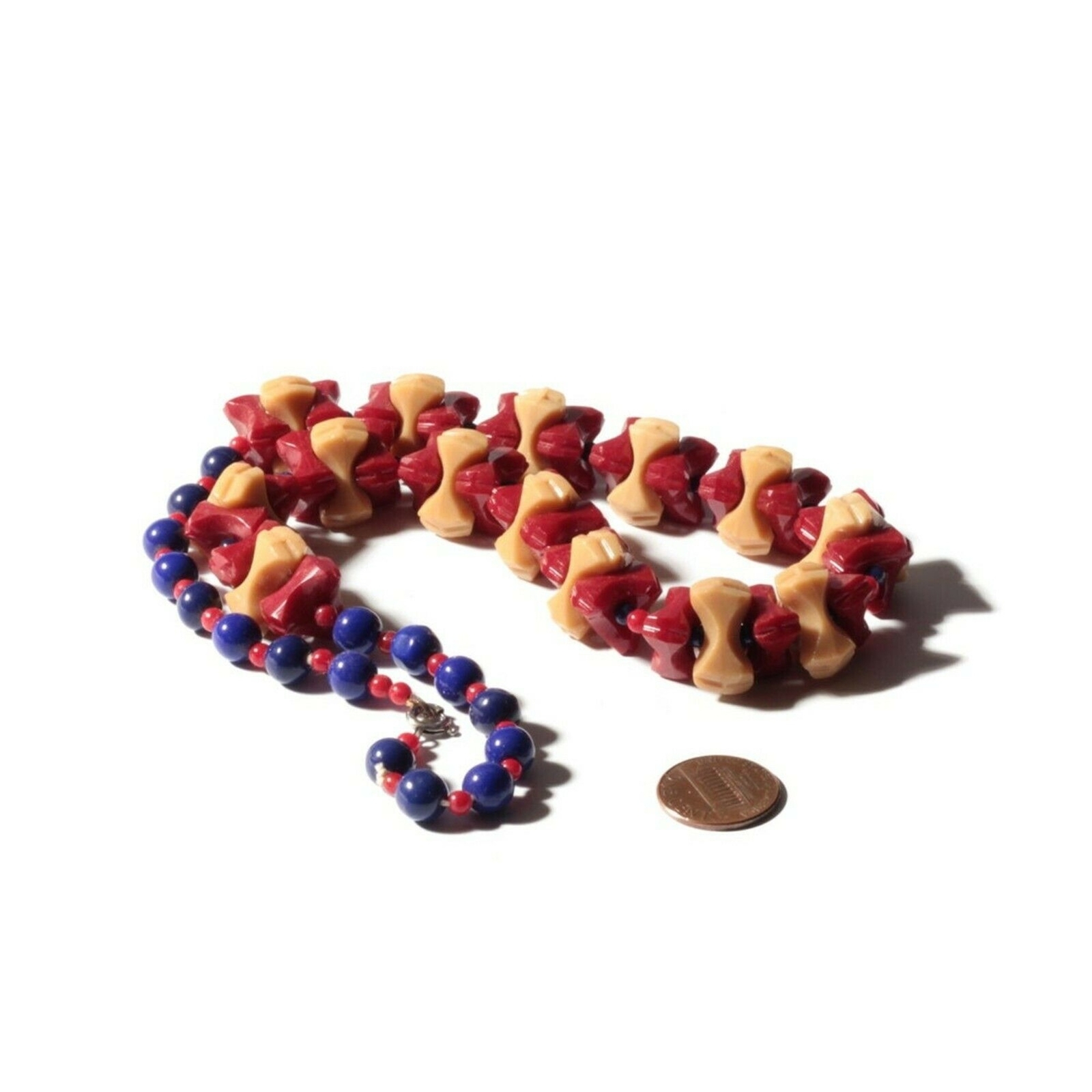 Vintage Art Deco necklace Czech red beige triangle geometric glass beads