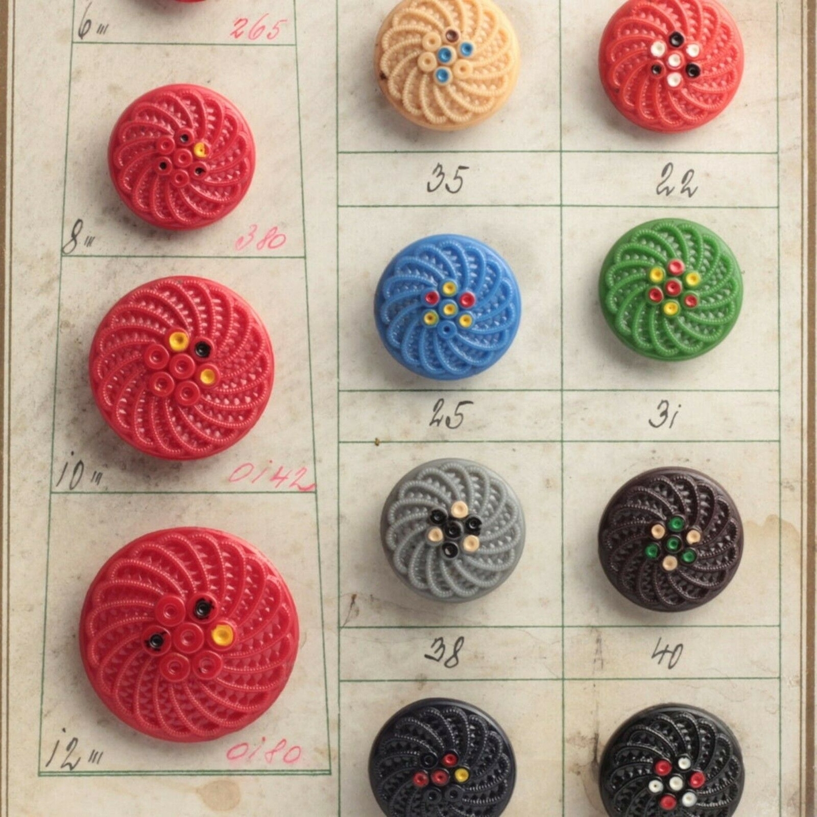 Sample card (14) Czech antique 1920's hand painted spiral flower glass buttons