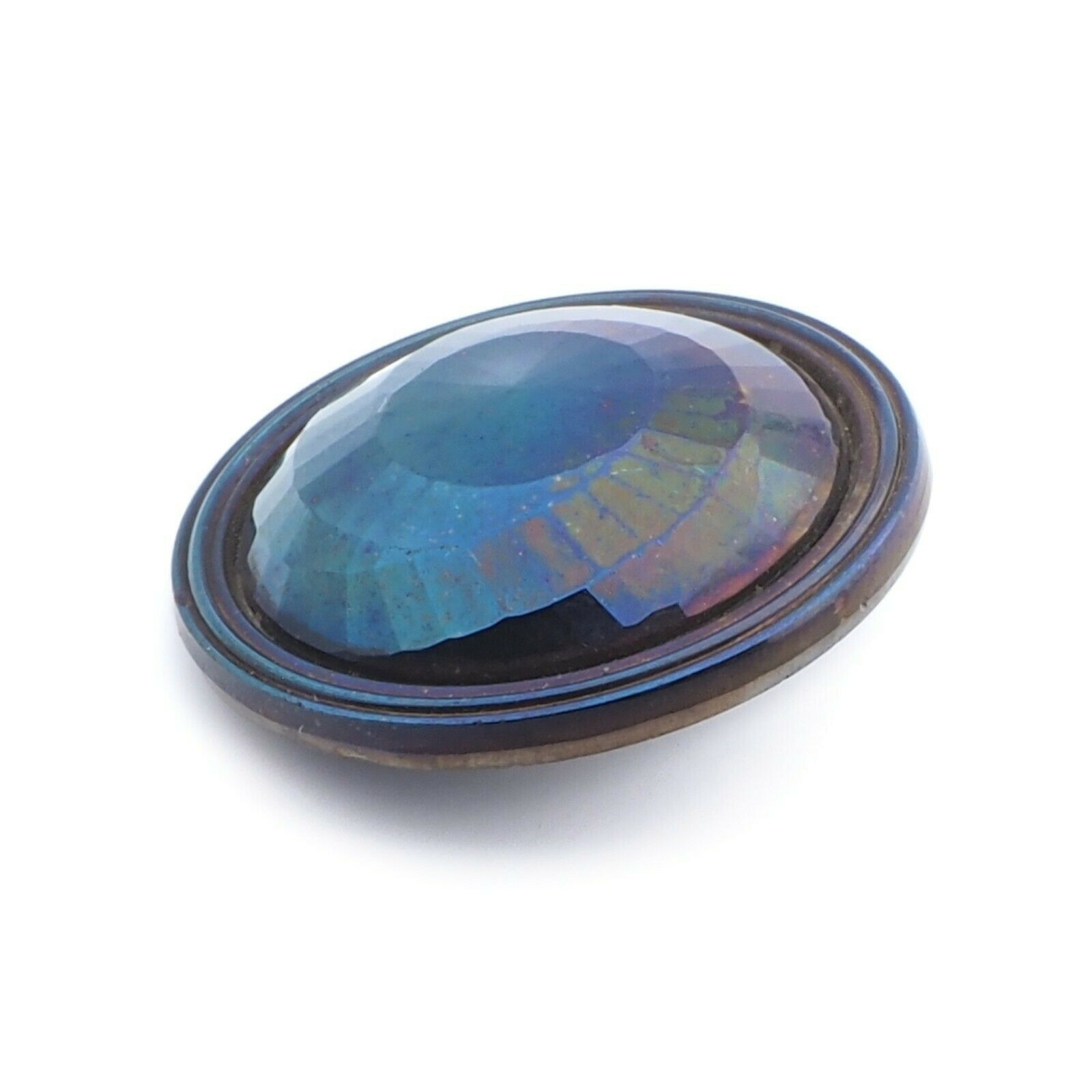 Antique Deco Czech metallic iridescent spiral faceted black glass button 27mm
