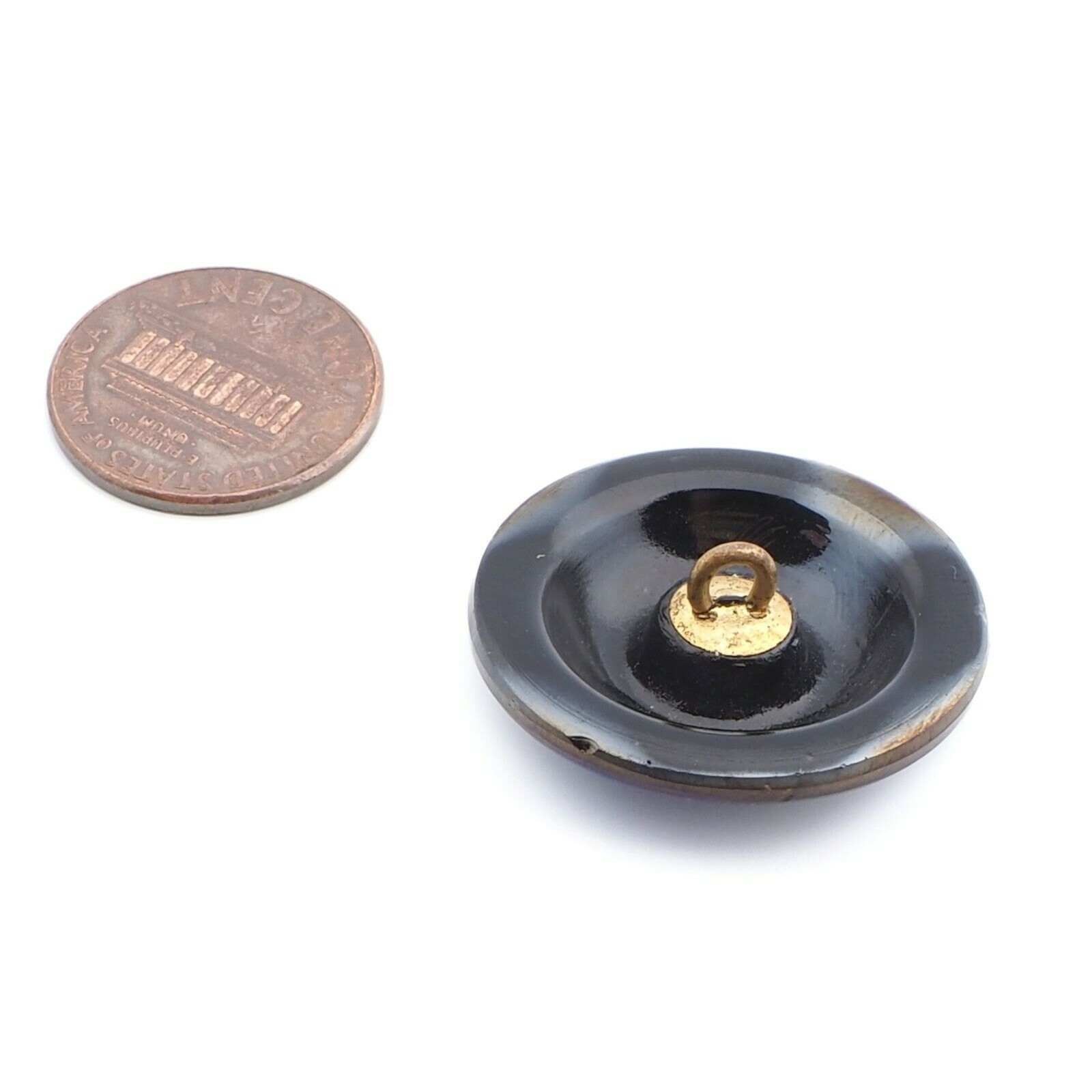 Antique Deco Czech metallic iridescent spiral faceted black glass button 27mm