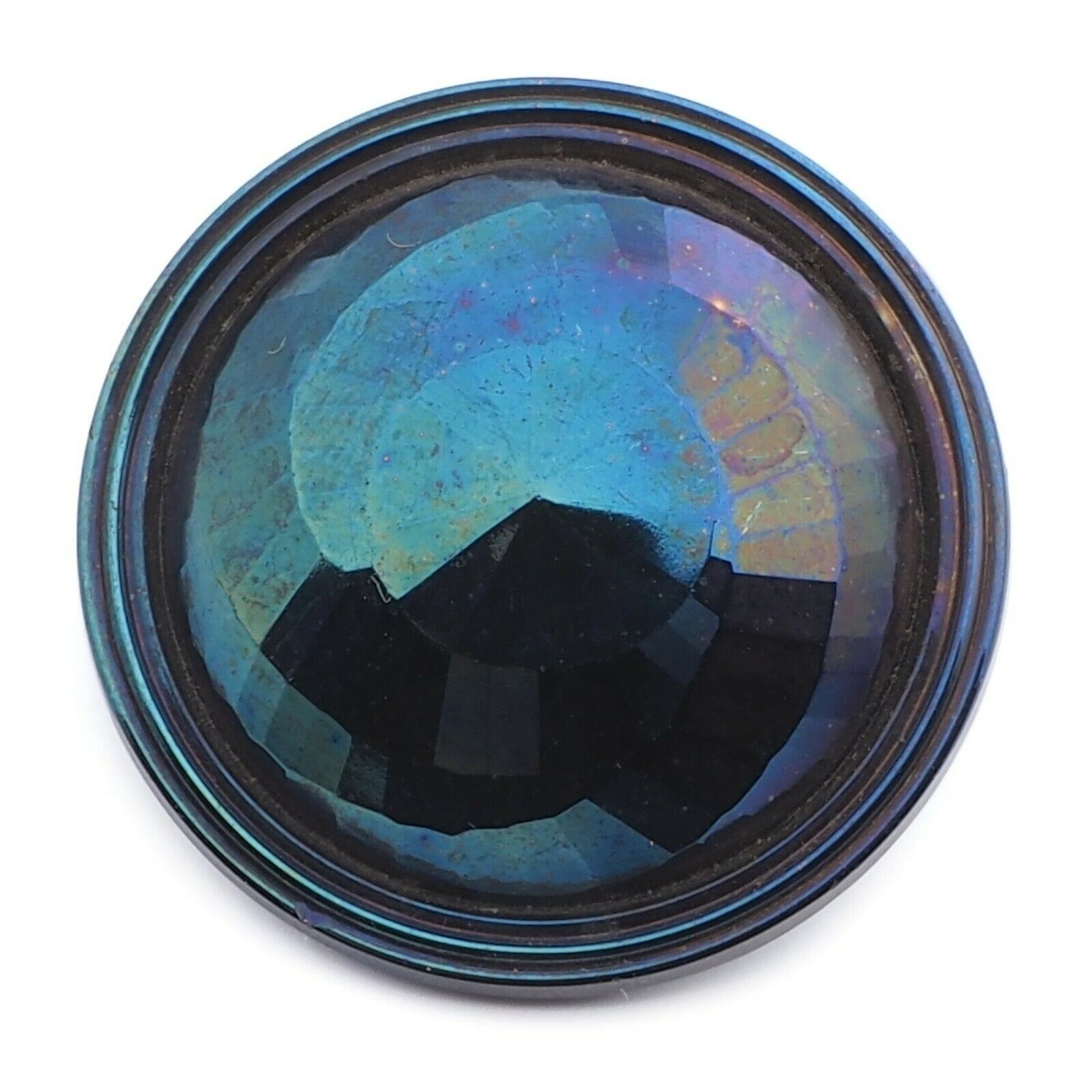 Antique Deco Czech metallic iridescent spiral faceted black glass button 27mm
