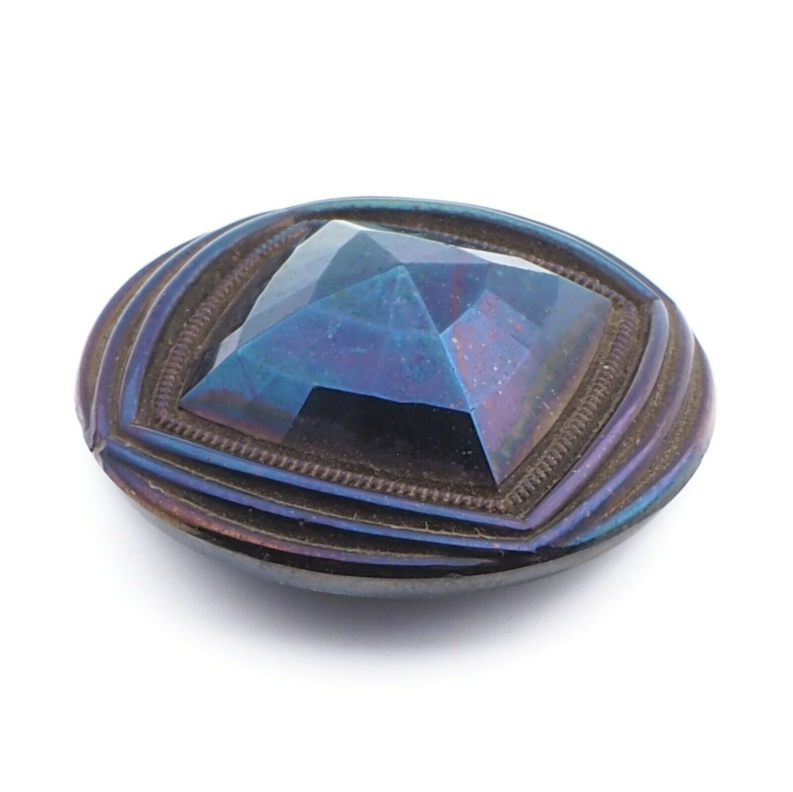 Antique Art Deco Czech blue metallic iridescent faceted black glass button 27mm