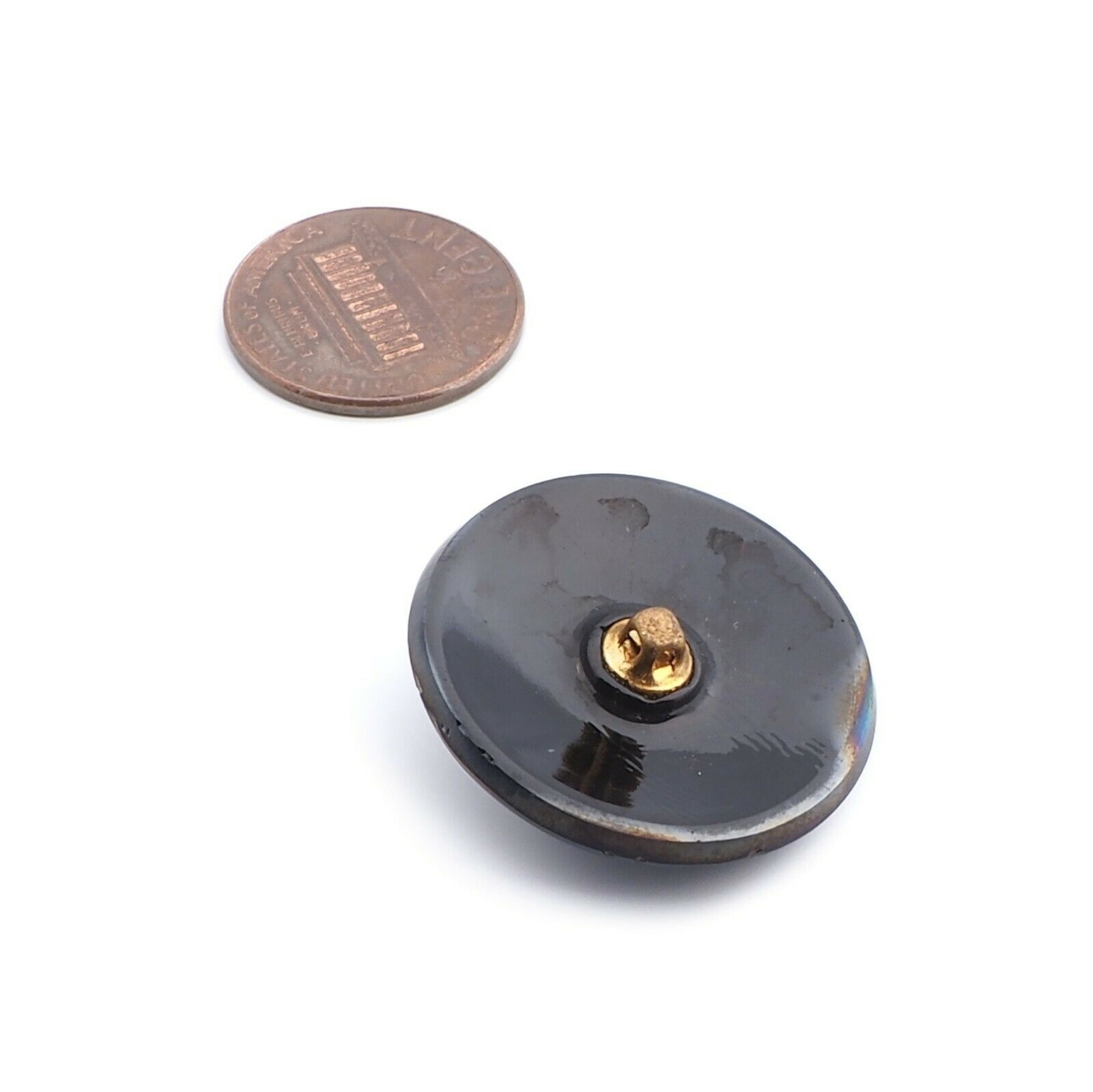 Antique Art Deco Czech blue metallic iridescent faceted black glass button 27mm