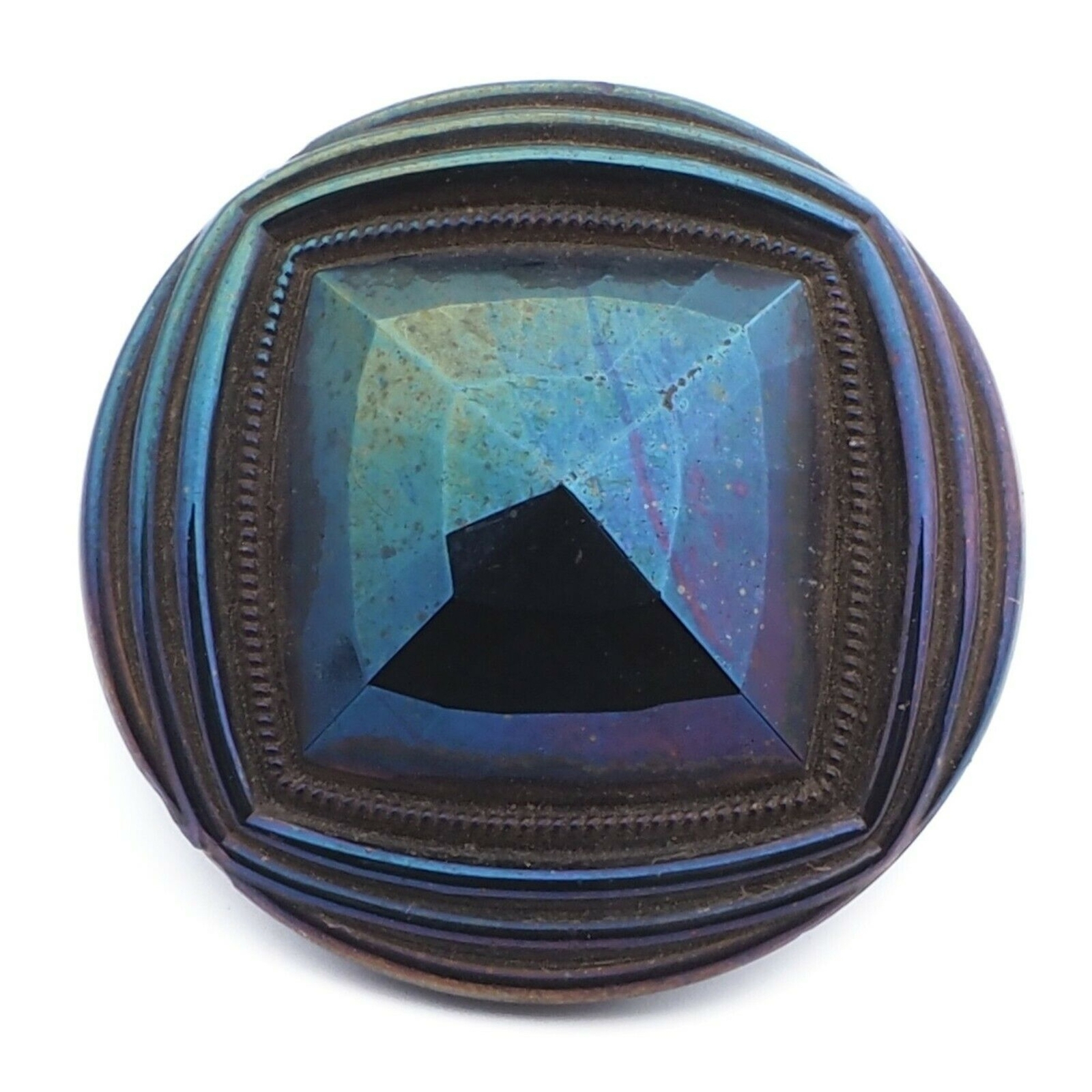 Antique Art Deco Czech blue metallic iridescent faceted black glass button 27mm