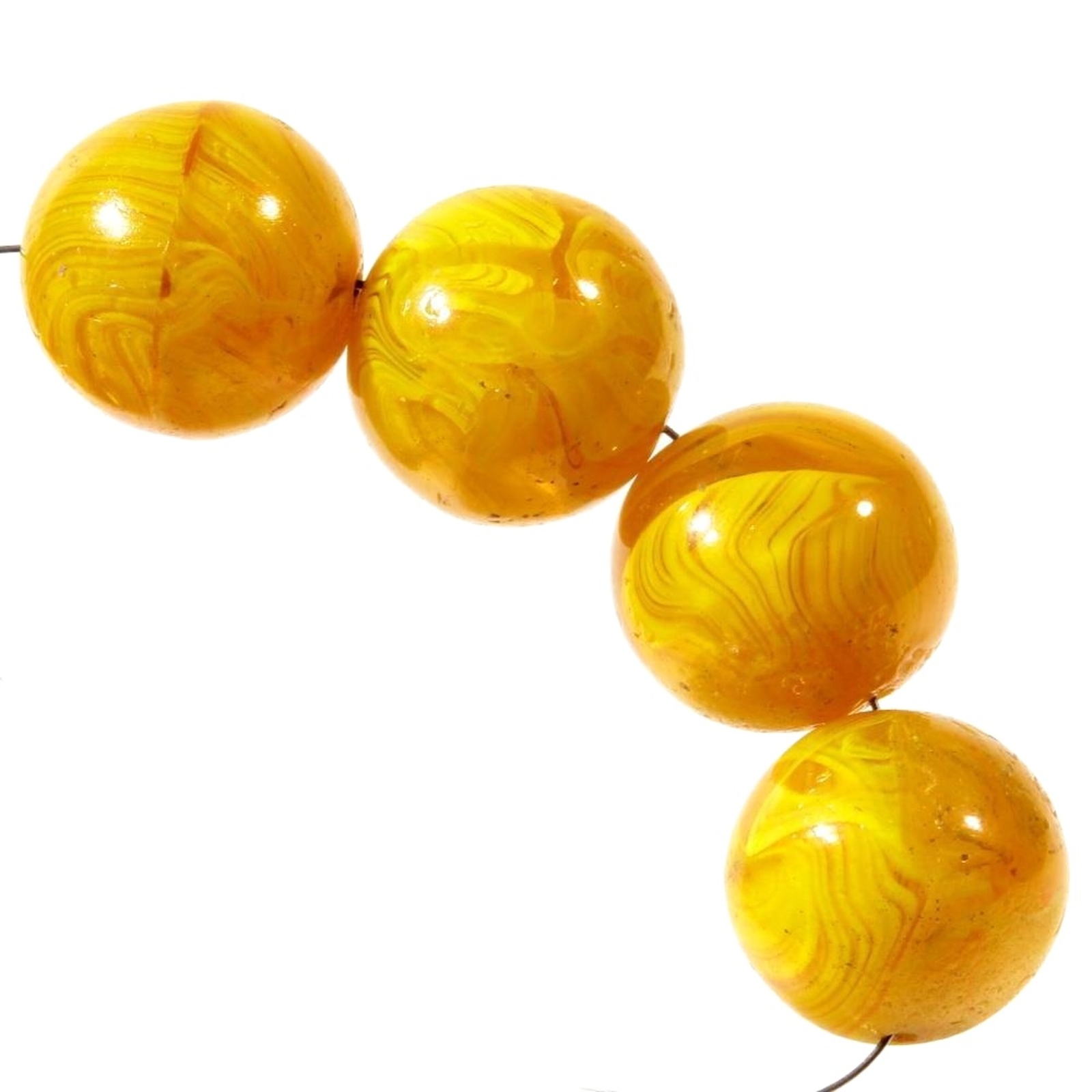 Lot (4) large 23mm Czech antique yellow crystal striped glass beads