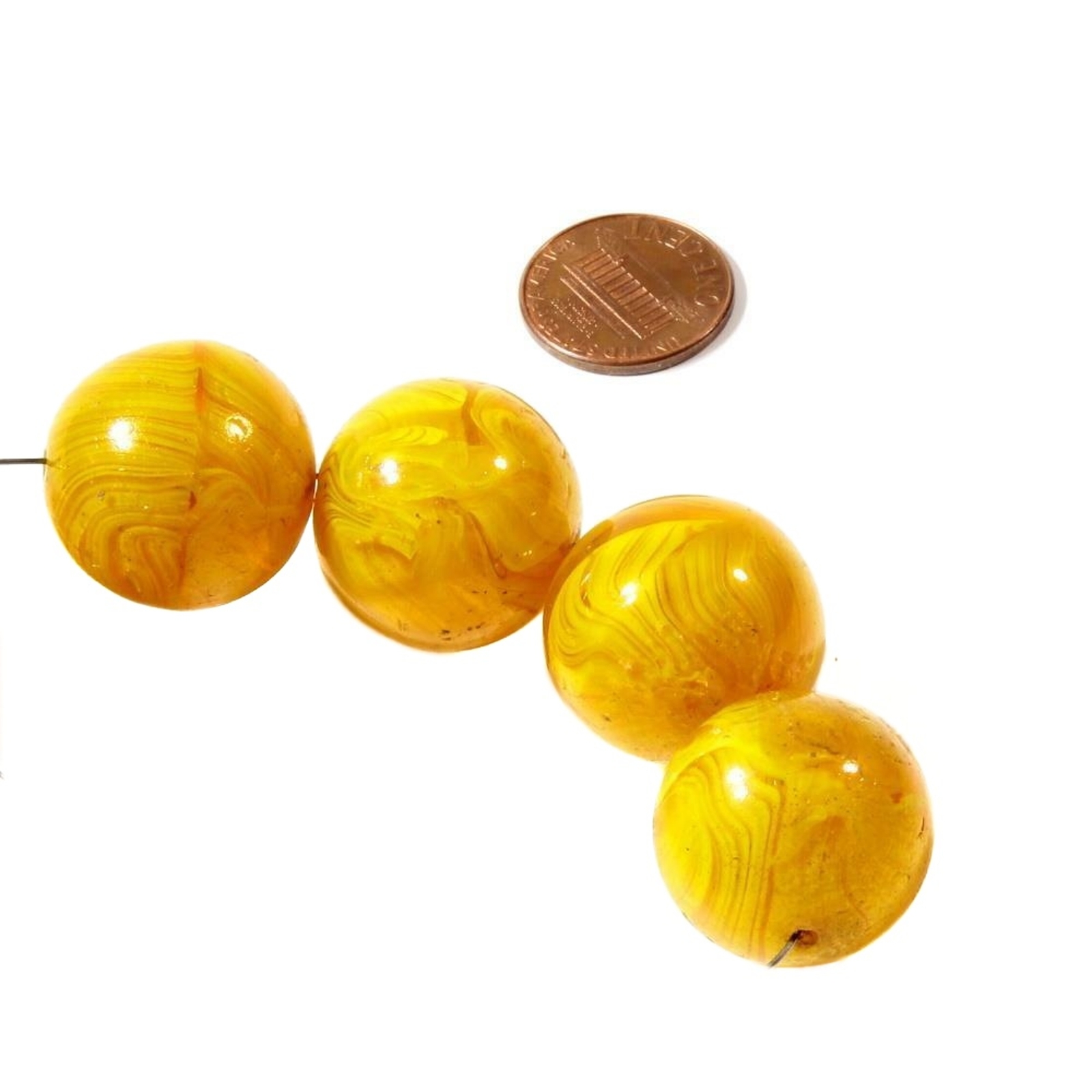 Lot (4) large 23mm Czech antique yellow crystal striped glass beads