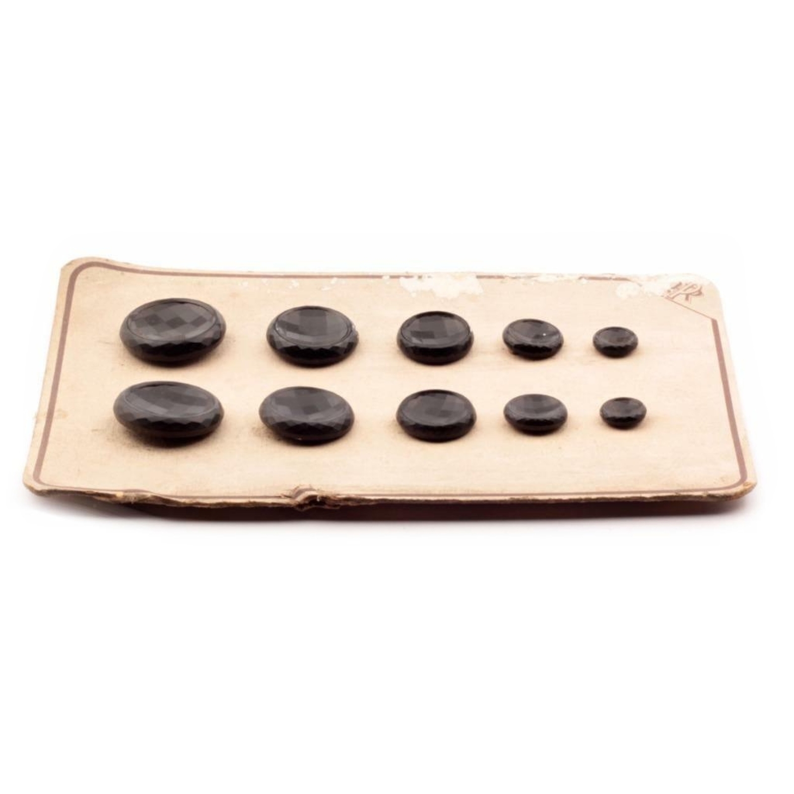 Sample card (10) Czech 1920's vintage Deco concave faceted black glass buttons