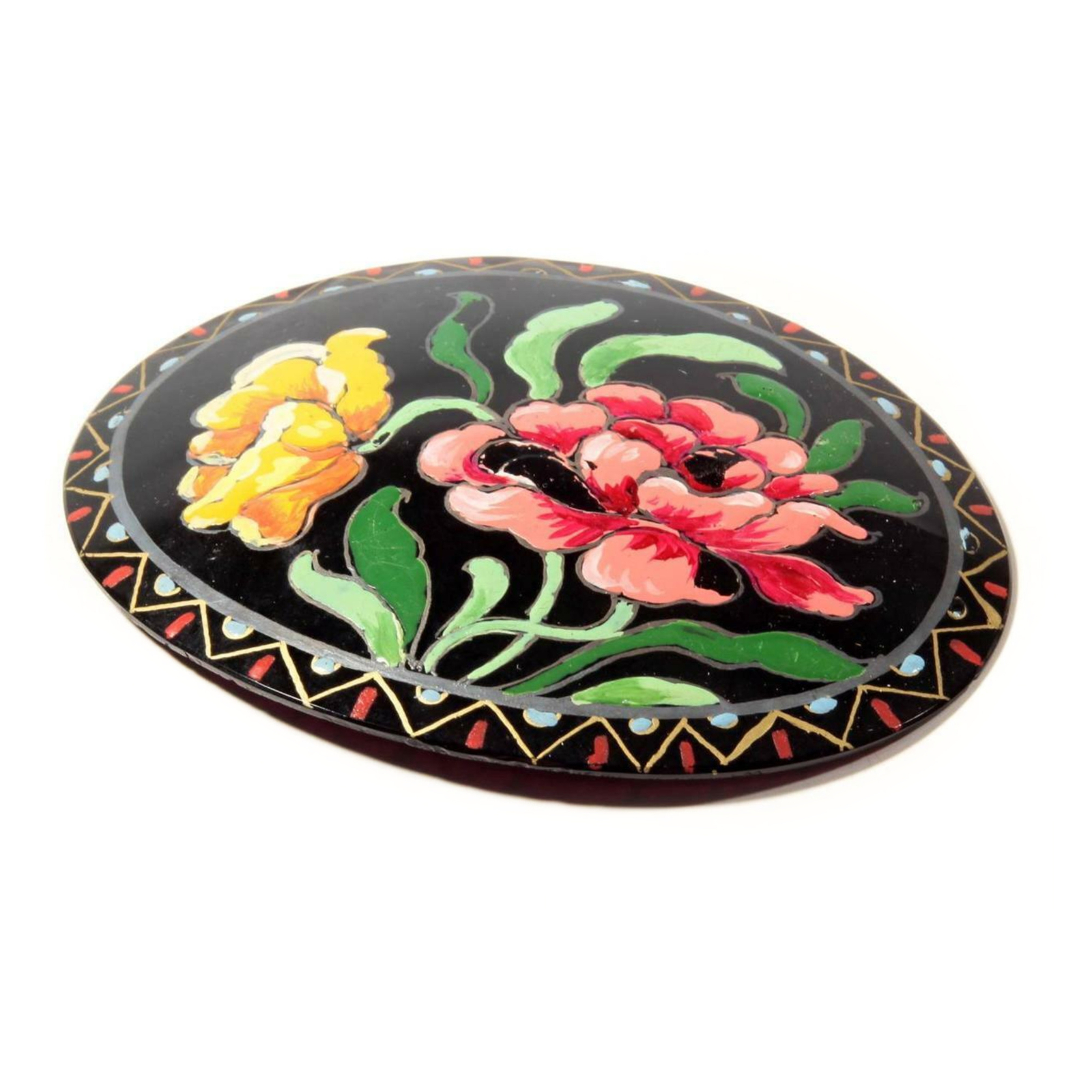 Antique Victorian floral hand painted jet black glass jewelry buckle element