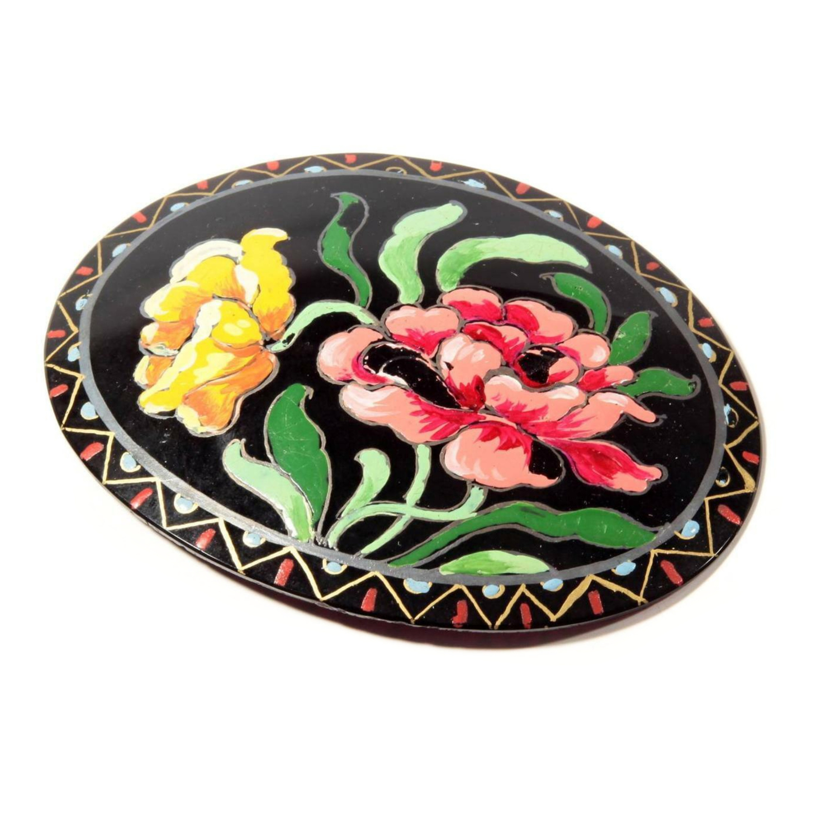 Antique Victorian floral hand painted jet black glass jewelry buckle element