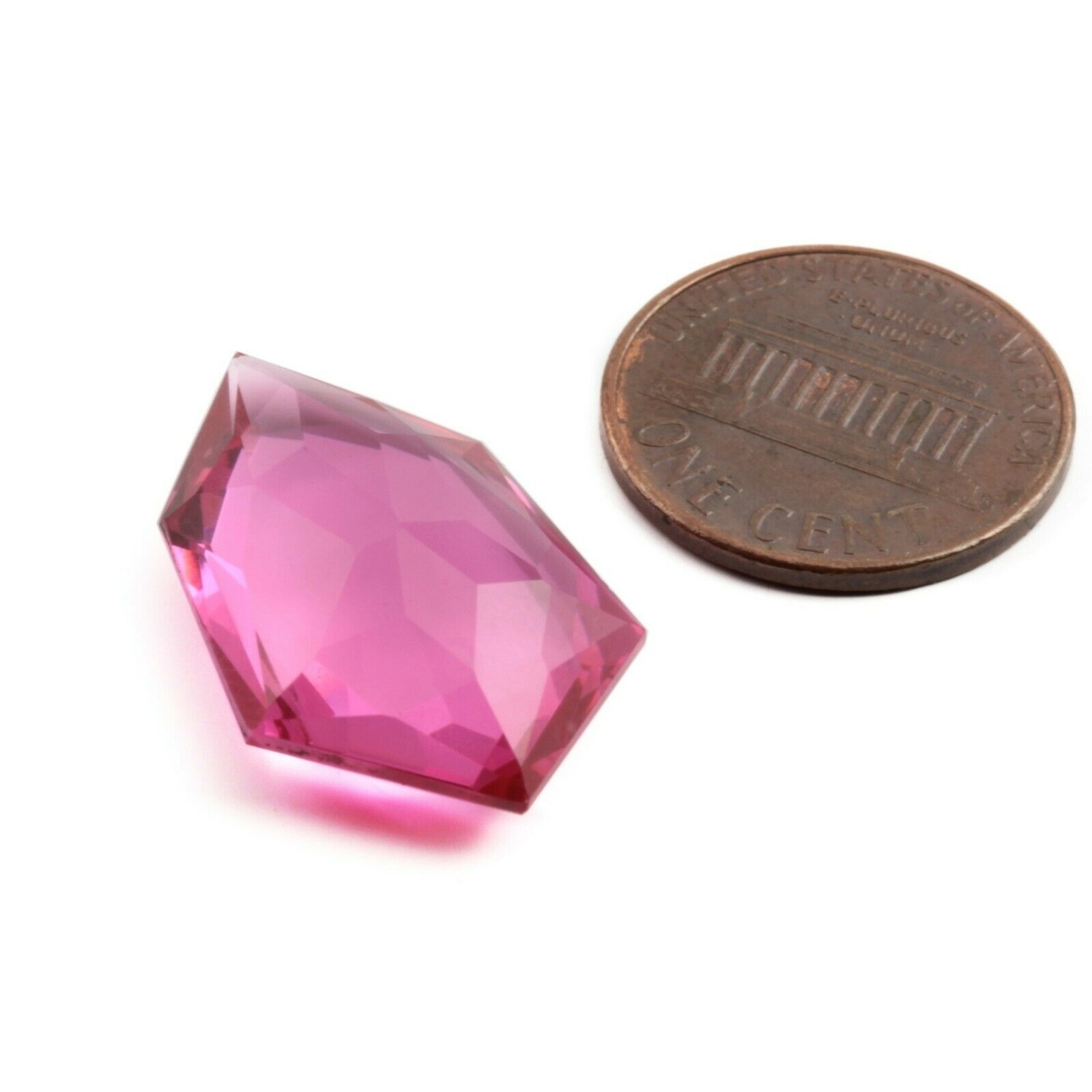 Large antique Czech hand cut cranberry pink hexagon glass rhinestone 27x17mm