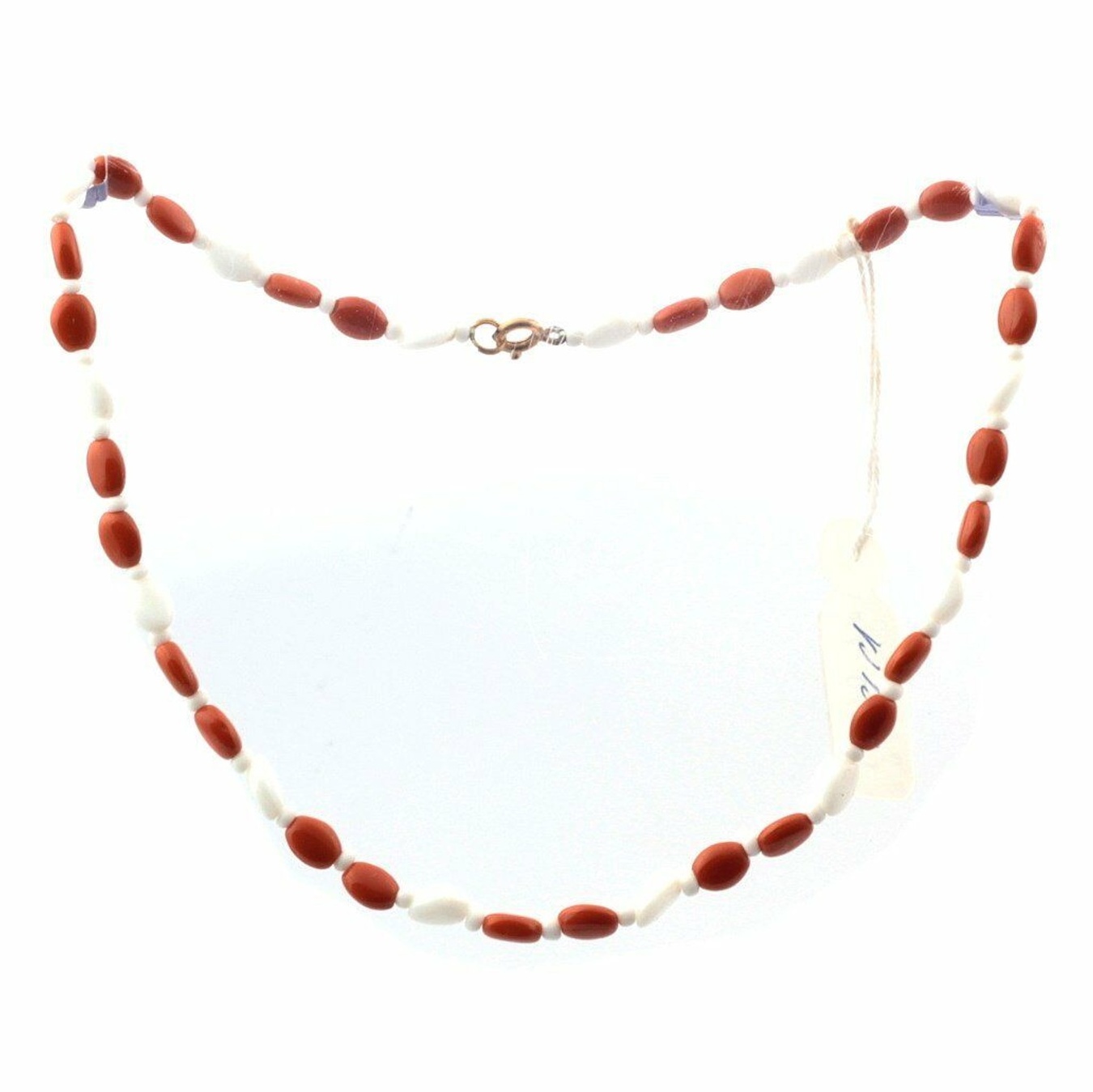Vintage Czech necklace white brown flat oval glass beads