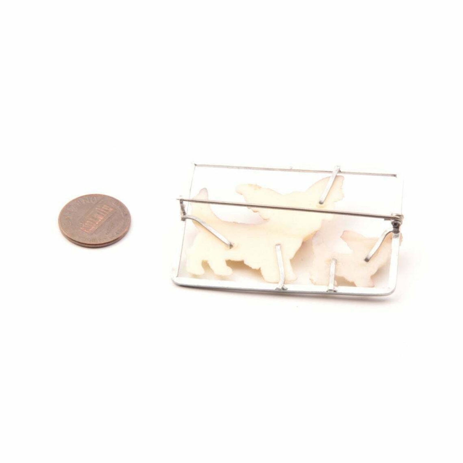 Vintage chrome mounted celluloid Chihuahua dog and pup hand painted pin brooch