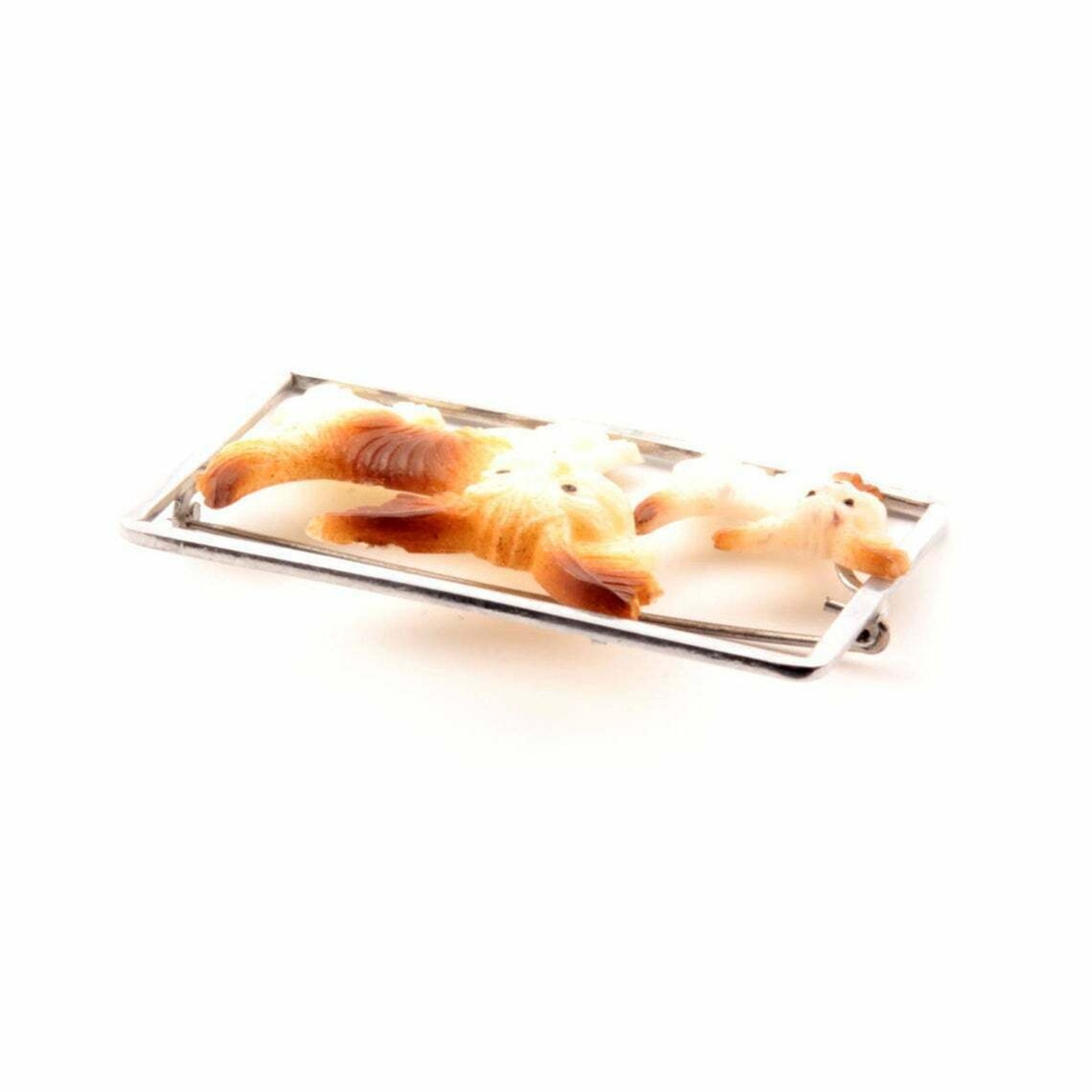 Vintage chrome mounted celluloid Chihuahua dog and pup hand painted pin brooch