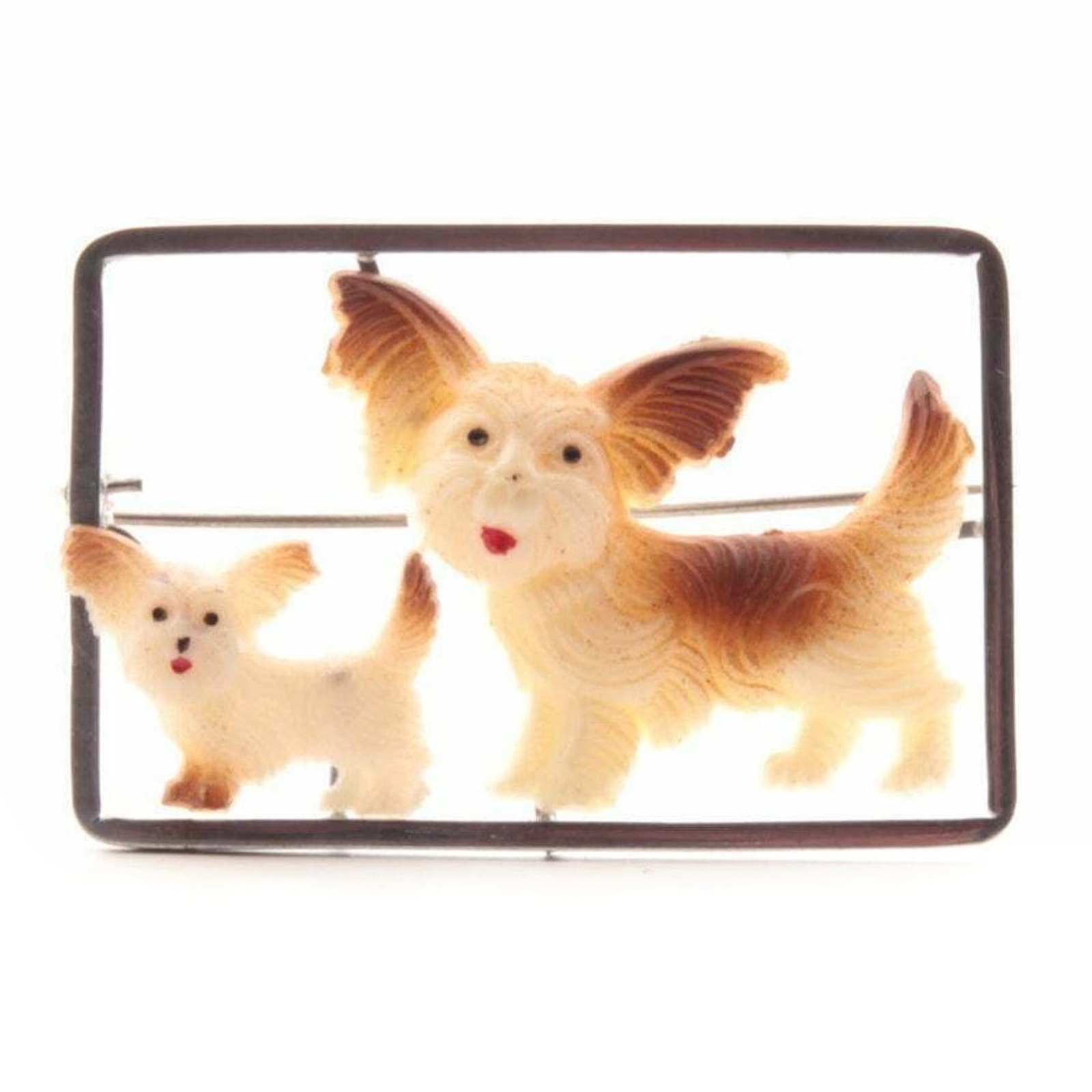Vintage chrome mounted celluloid Chihuahua dog and pup hand painted pin brooch