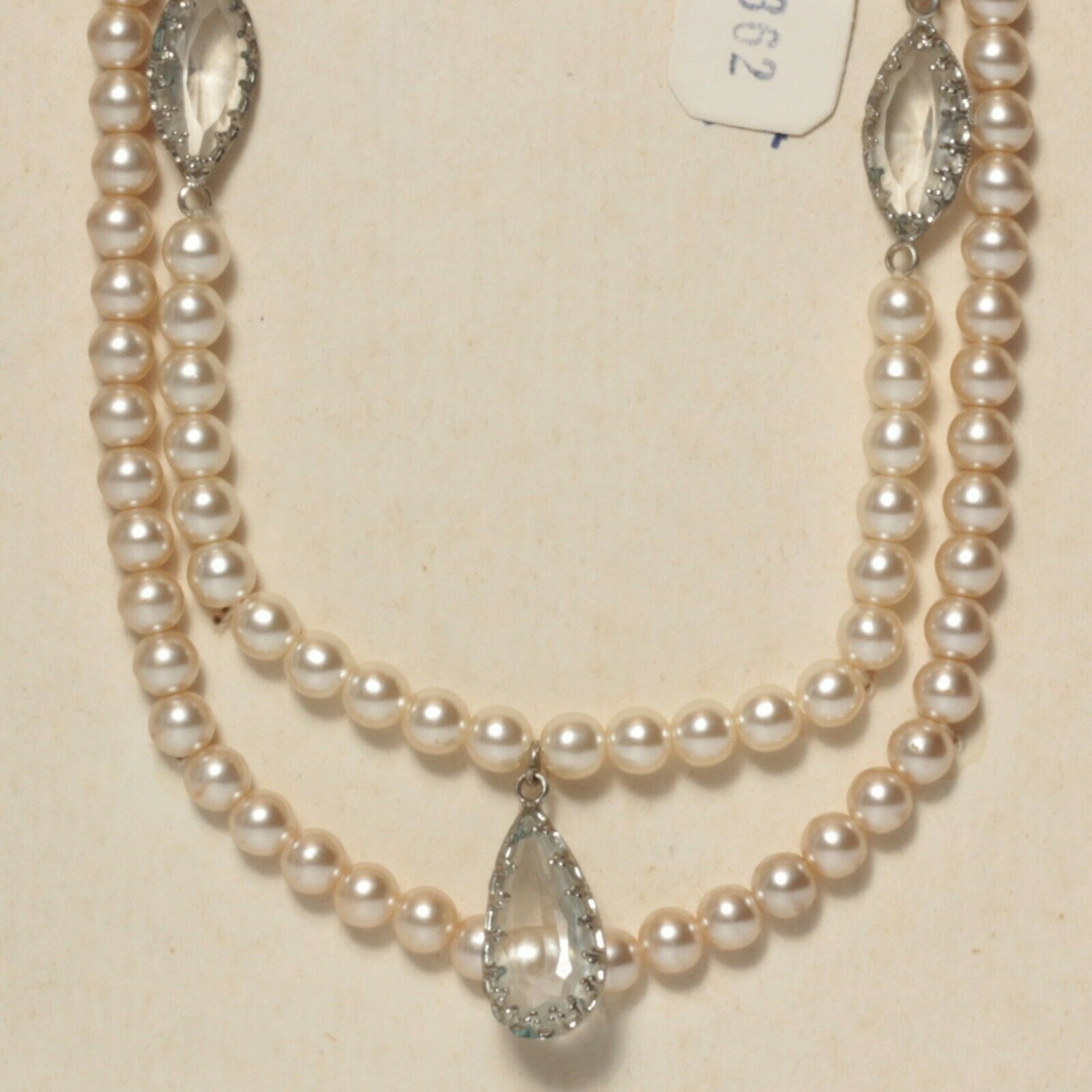 Czech vintage 2 strand necklace silver pearl glass beads rhinestone findings
