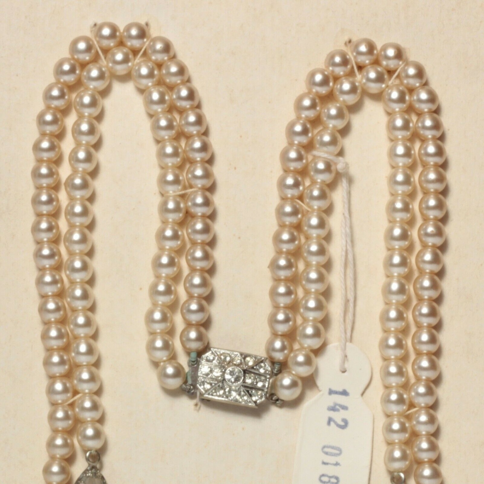 Czech vintage 2 strand necklace silver pearl glass beads rhinestone findings