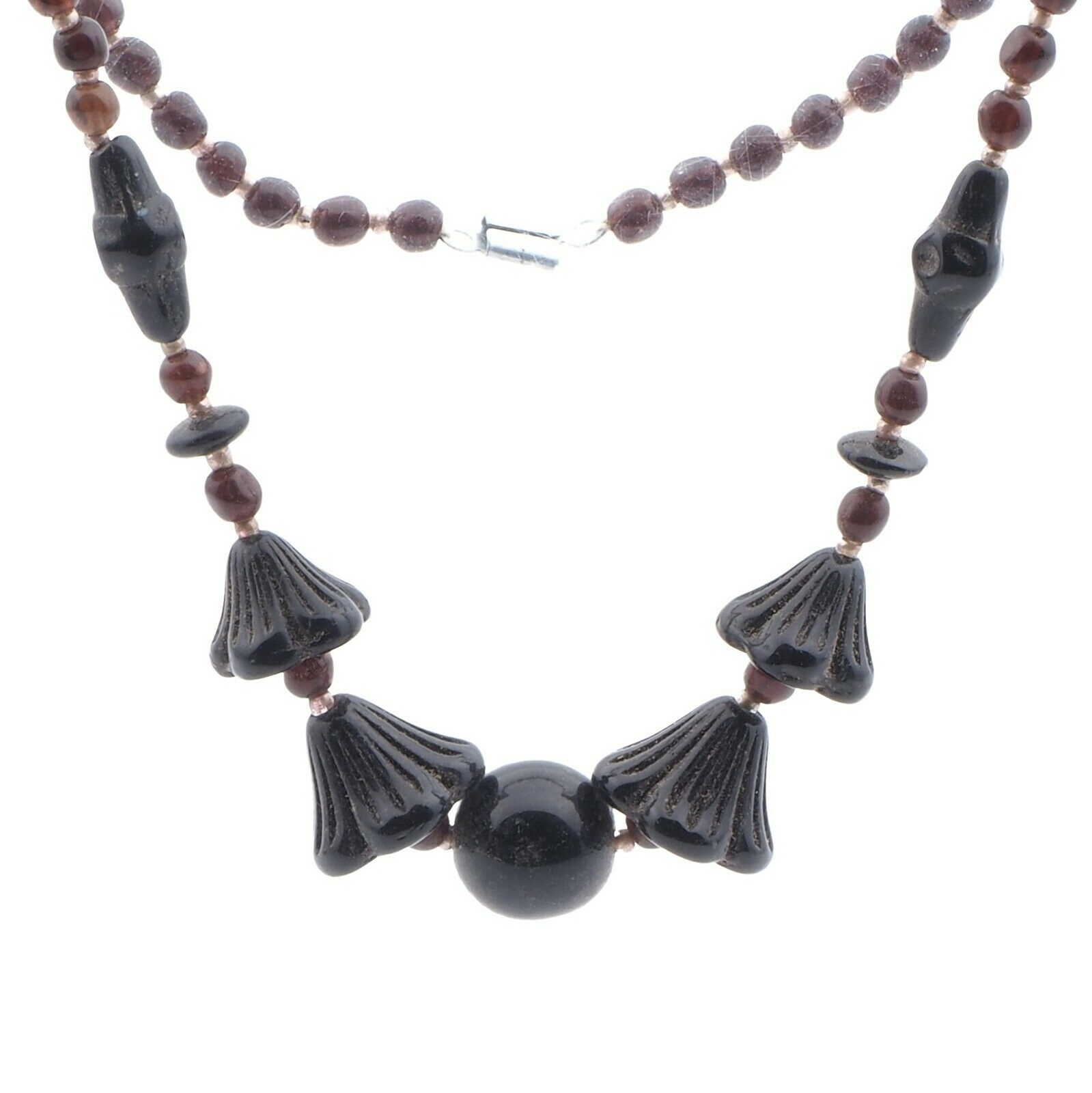 Vintage Art Deco Czech necklace black flower bell glass beads DRGM