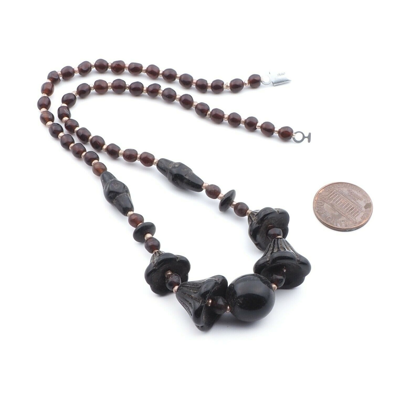Vintage Art Deco Czech necklace black flower bell glass beads DRGM