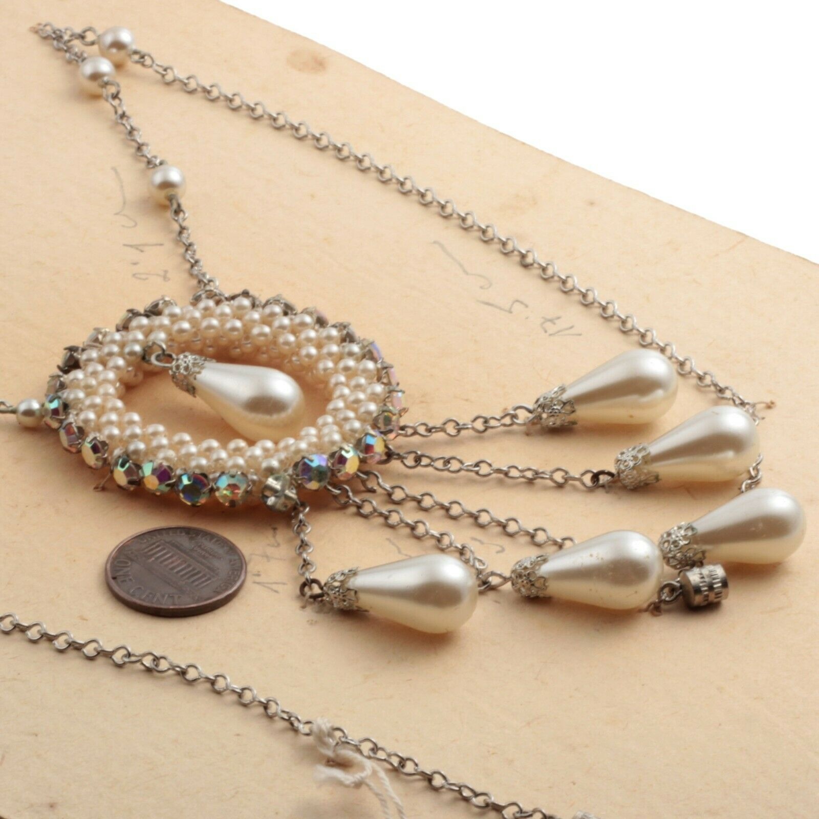 Czech vintage chain necklace AB rhinestone pearl glass bead pendant