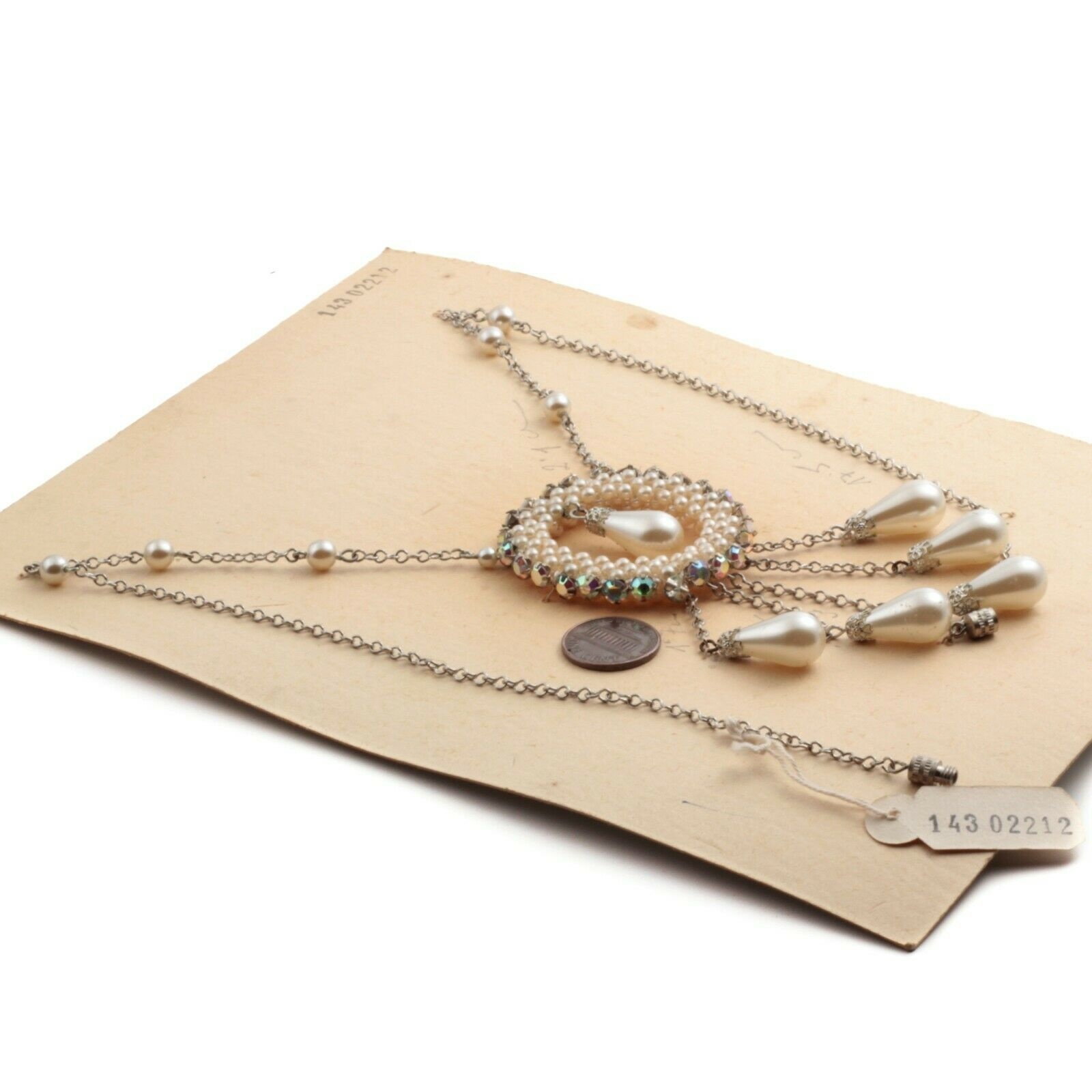 Czech vintage chain necklace AB rhinestone pearl glass bead pendant