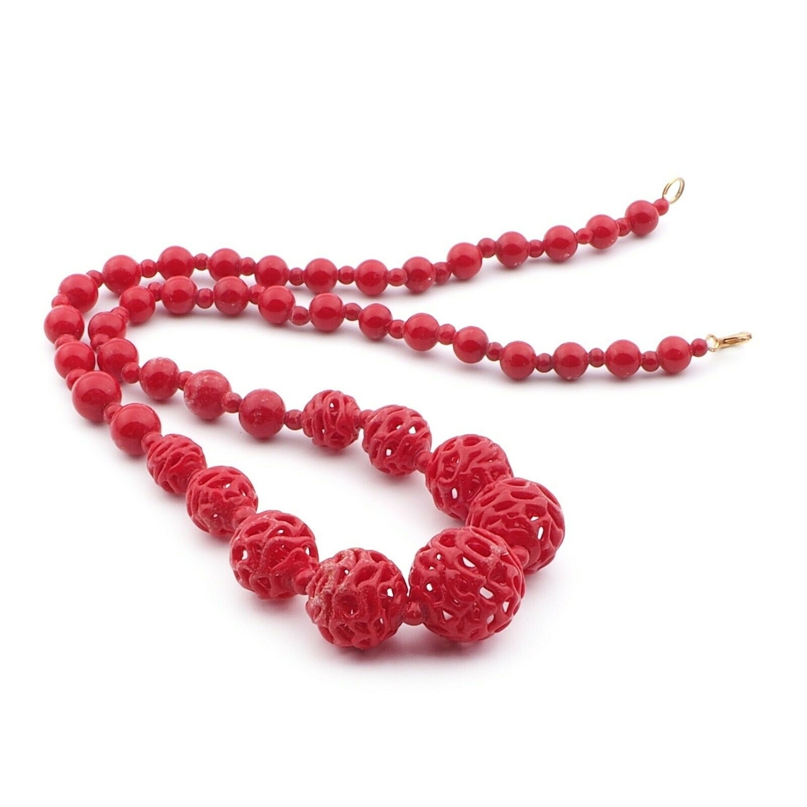 Vintage Deco Czech necklace lampwork hollow hand spun lattice red glass beads