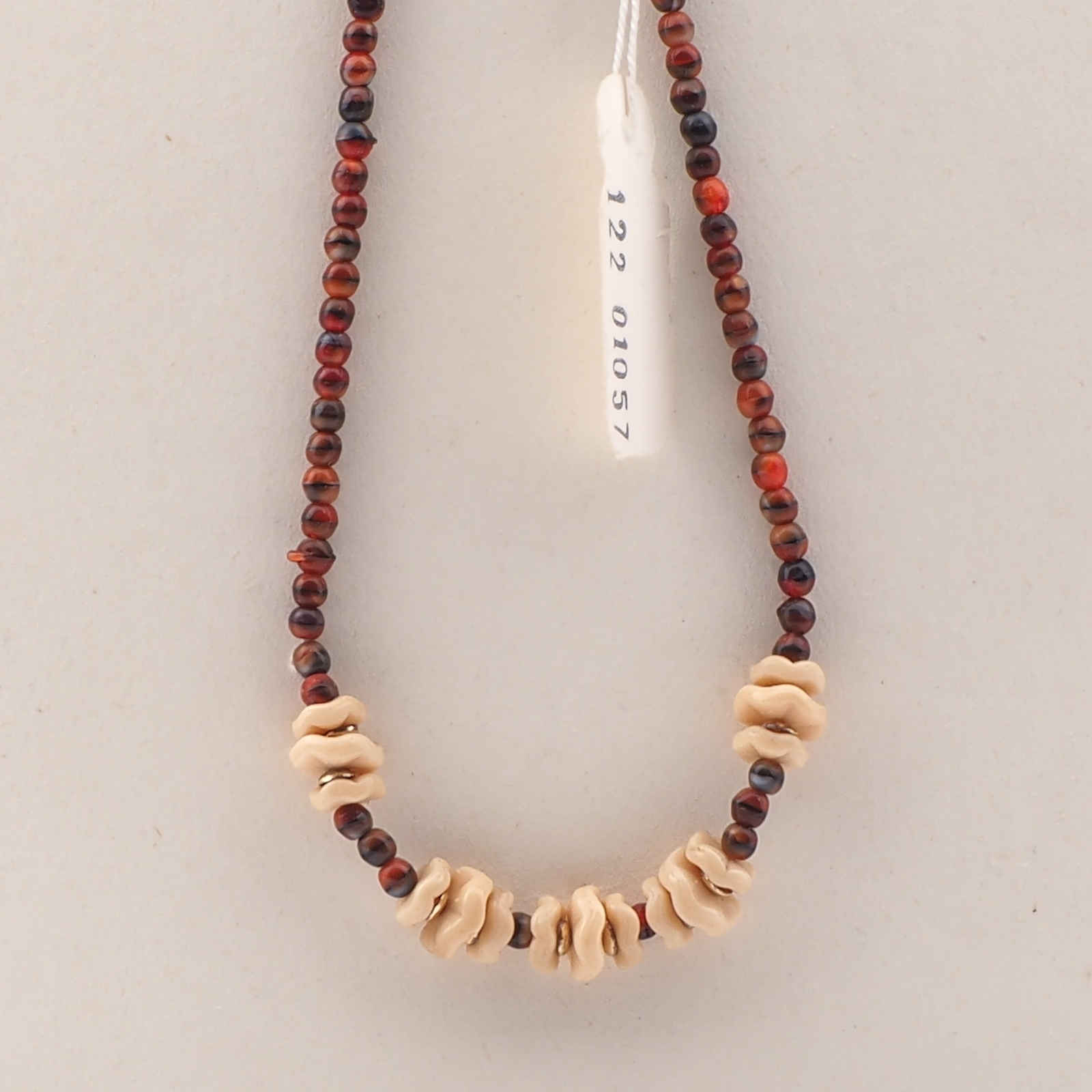 Vintage Czech necklace brown marble beige rondelle glass beads 15"