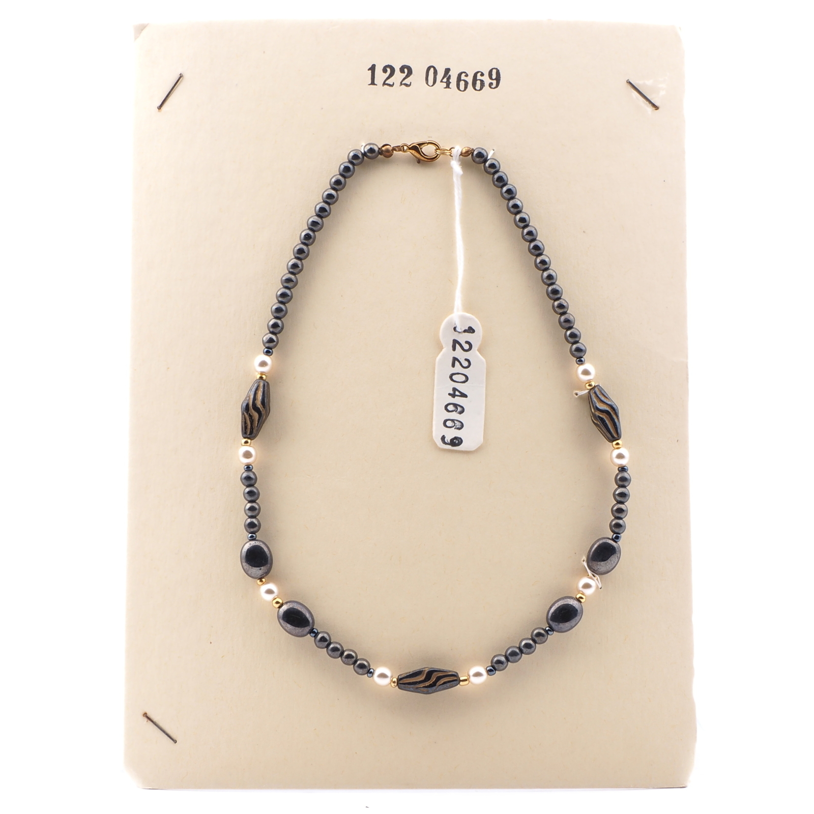 Vintage Czech necklace hematite lustre pearl glass beads 16"