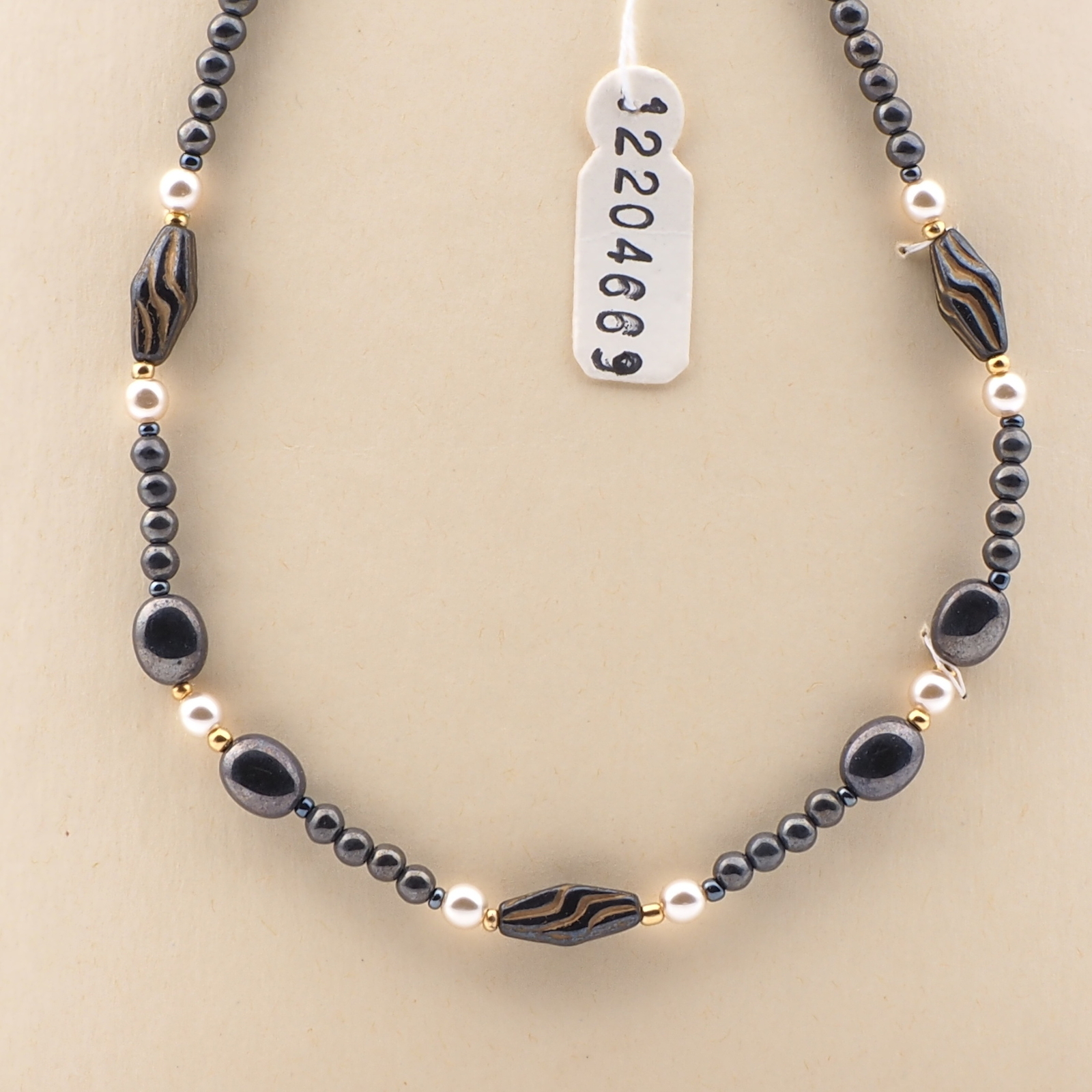 Vintage Czech necklace hematite lustre pearl glass beads 16"