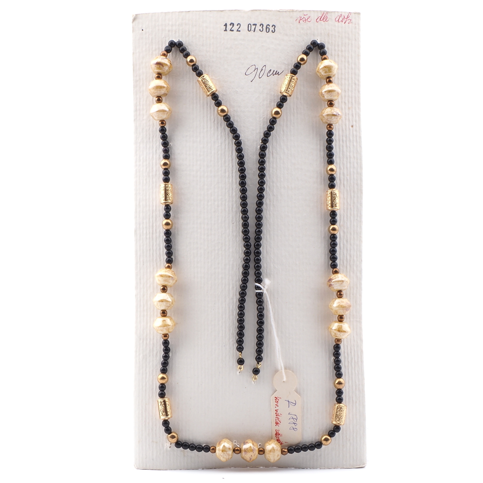 Vintage Czech necklace element glasses holder beige marble black glass beads 35"