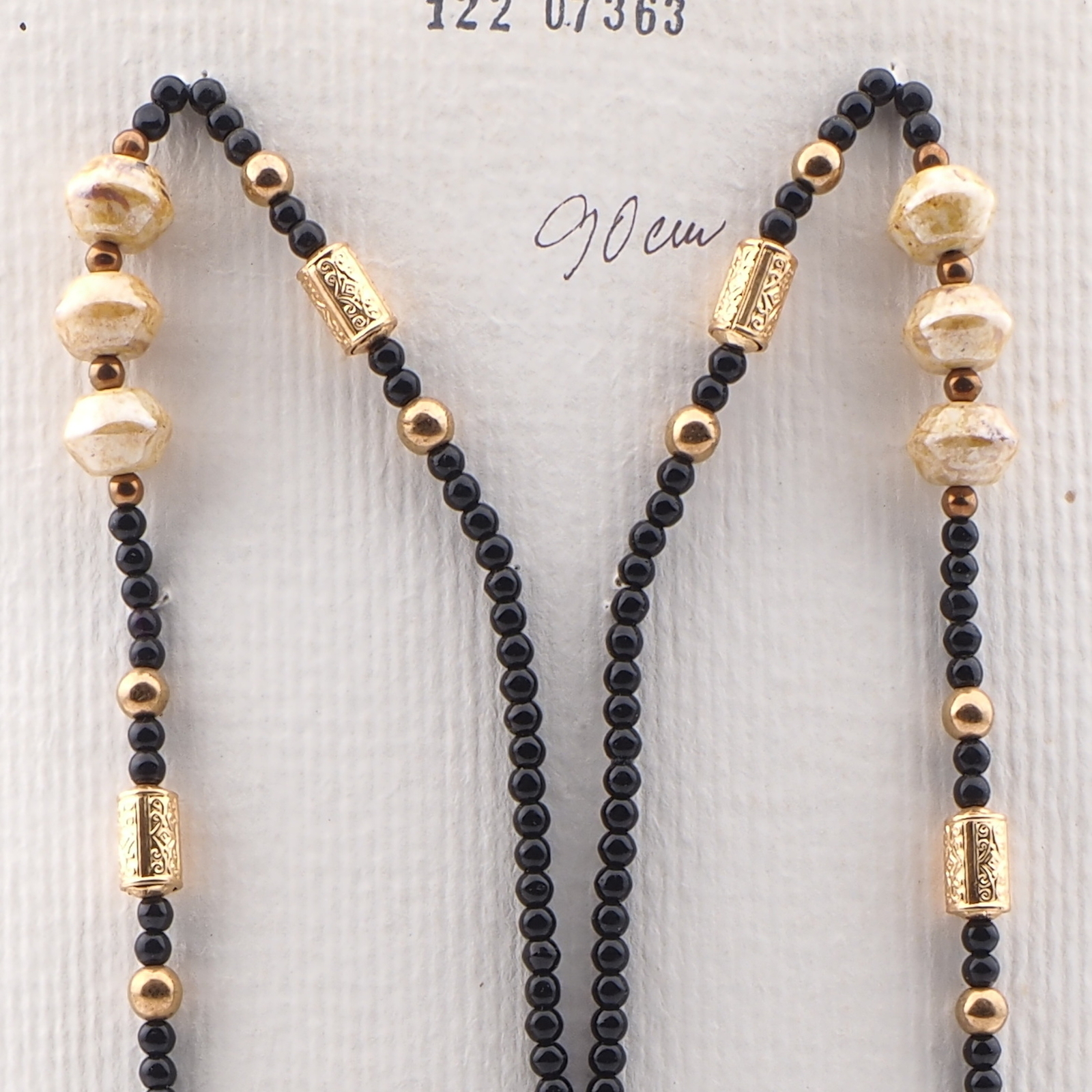 Vintage Czech necklace element glasses holder beige marble black glass beads 35"