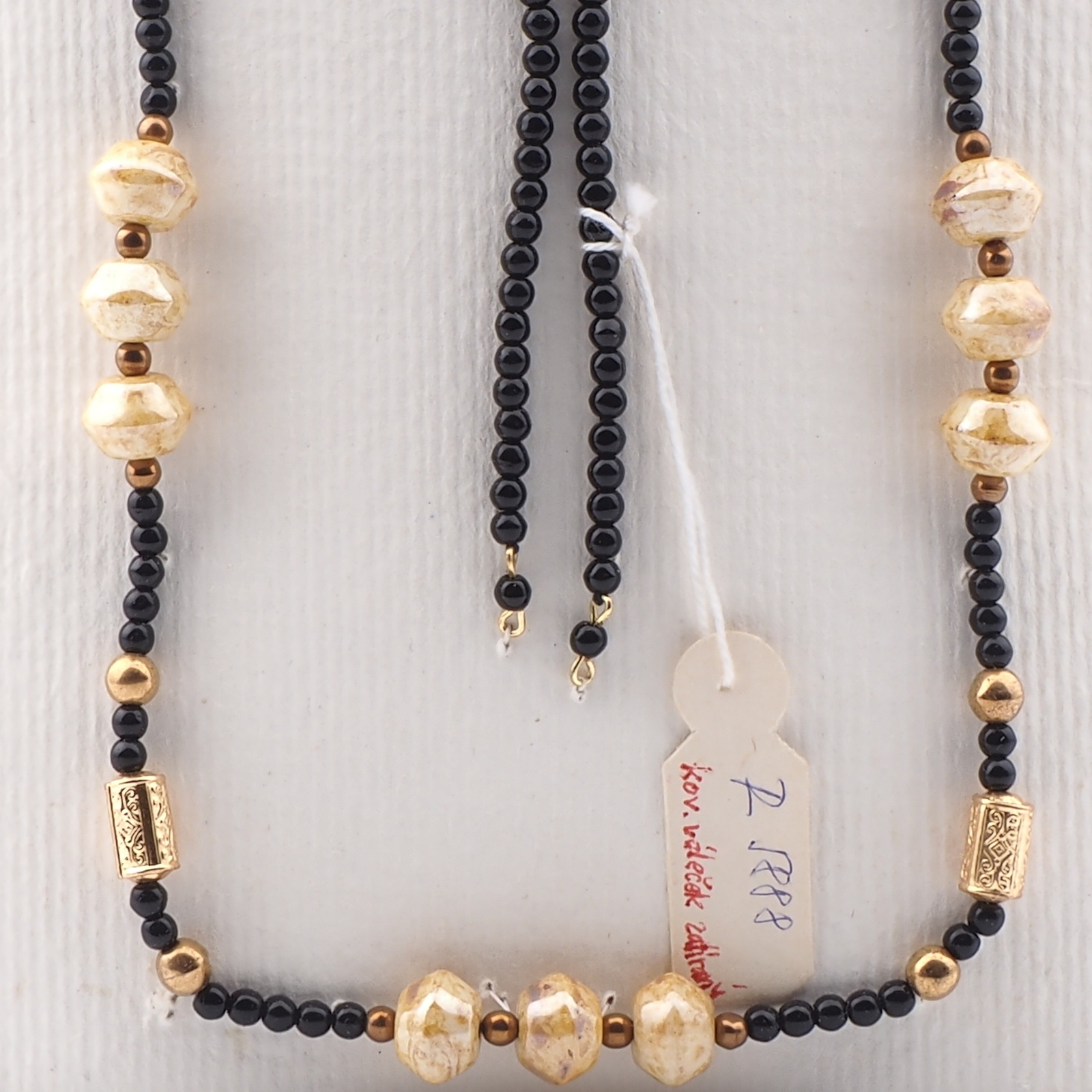 Vintage Czech necklace element glasses holder beige marble black glass beads 35"