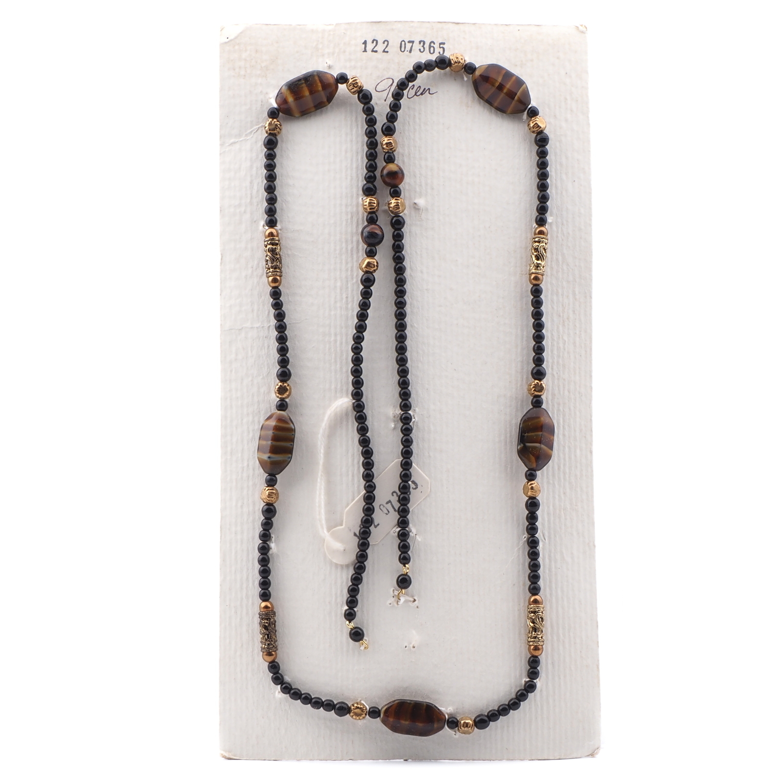 Vintage Czech necklace element glasses holder caramel striped black glass beads 35"