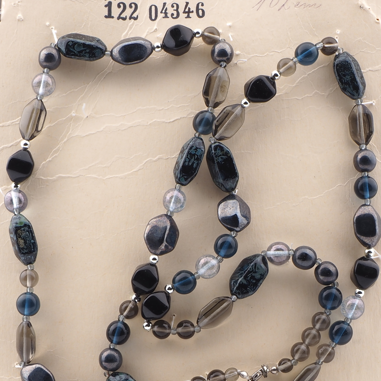 Long vintage Czech necklace black hematite marble glass beads 40"
