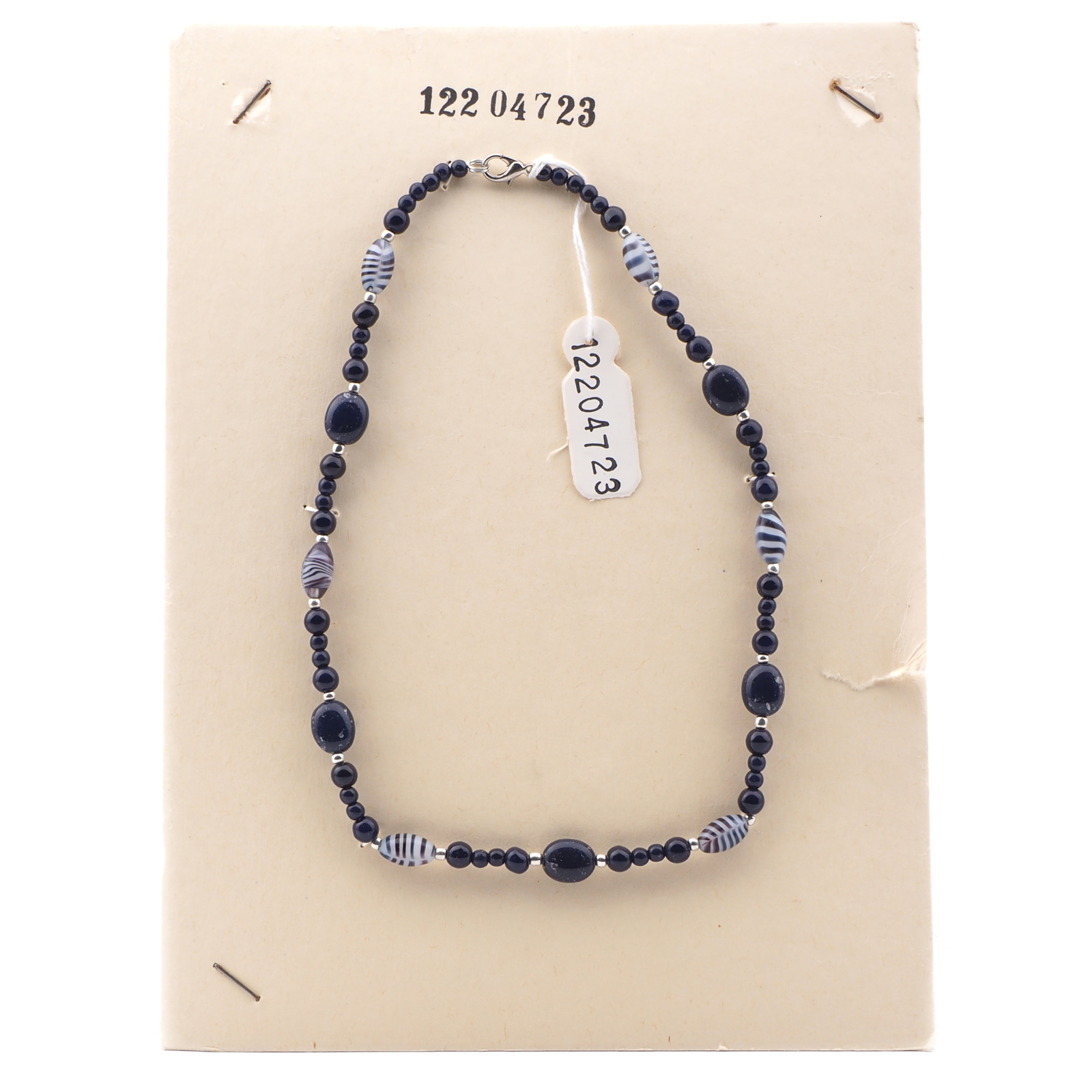 Vintage Czech necklace dark blue marble striped round oval glass beads 16"