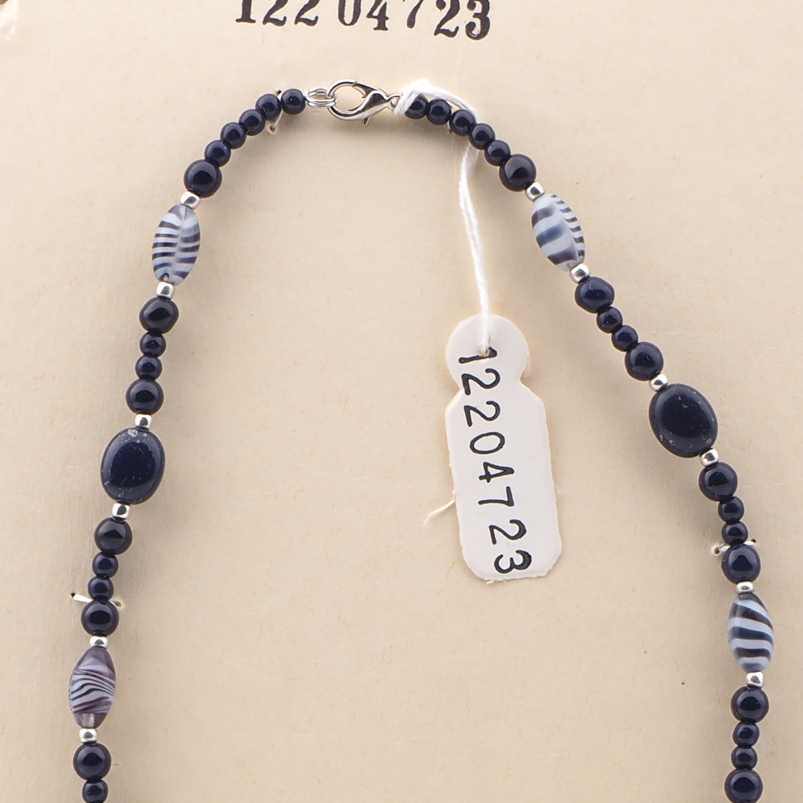 Vintage Czech necklace dark blue marble striped round oval glass beads 16"
