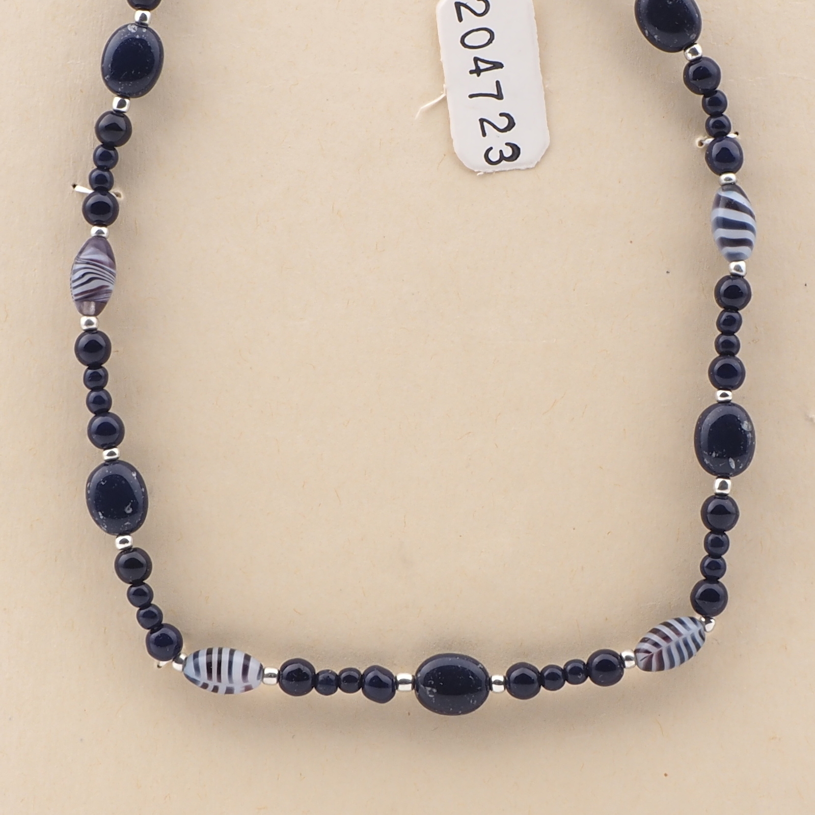 Vintage Czech necklace dark blue marble striped round oval glass beads 16"